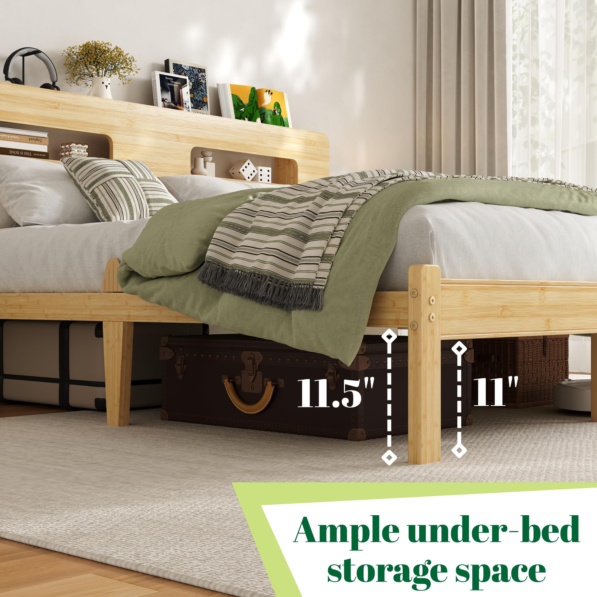 Askeld Wood Full Bed Frame with Storage Shelf Headboard, 14 Inch High Bamboo Platform Bed No Box Spring Needed, Mid-Century Heavy Duty Bedframe, Easy Assembly, Noise Free