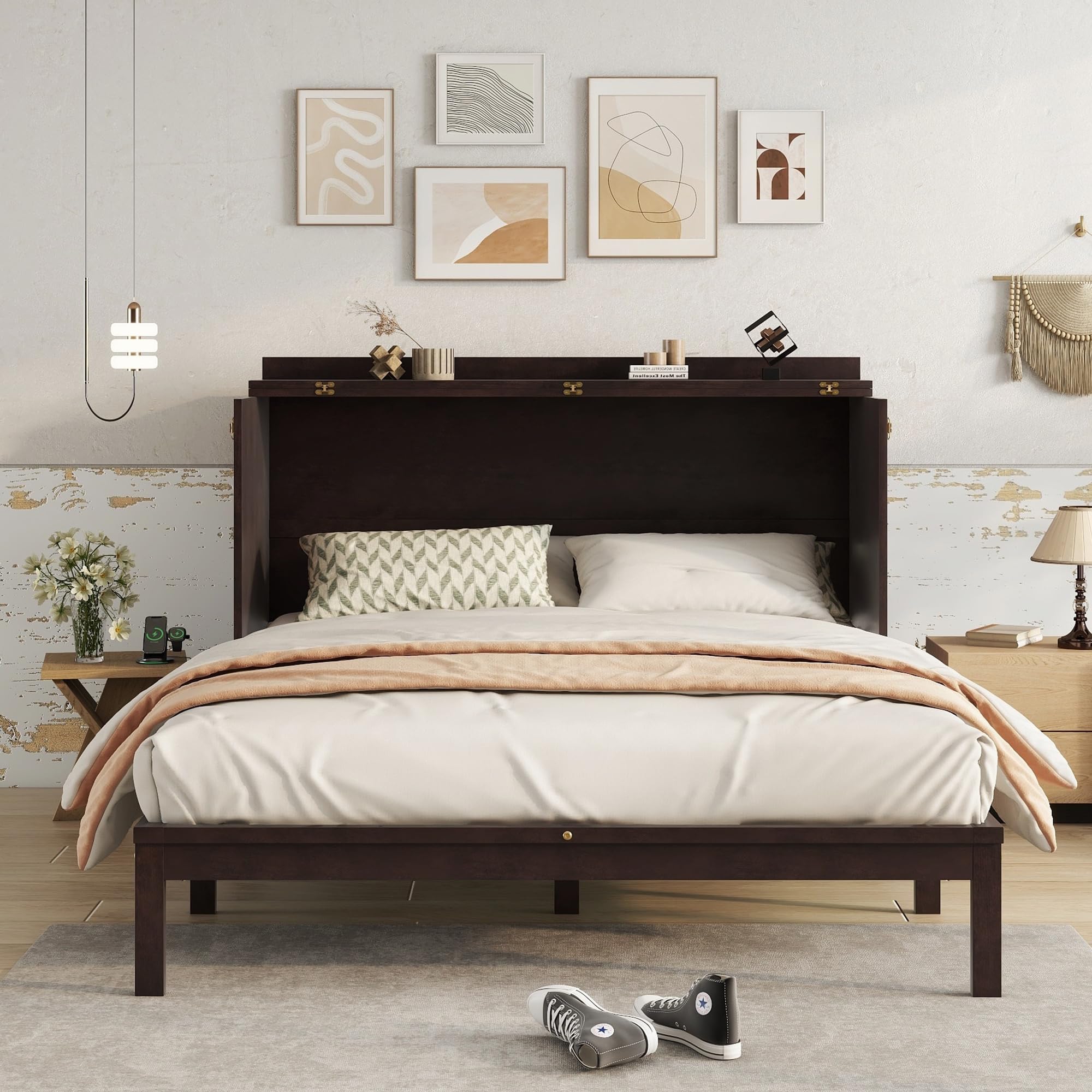 KEIKI Queen Murphy Bed w/Rattan Doors & Drawers, Space-Saving Foldable Wall Bed w/USB, Foldable Hidden Bed, Farmhouse Boho Style Guest & Living Room Bed, Espresso