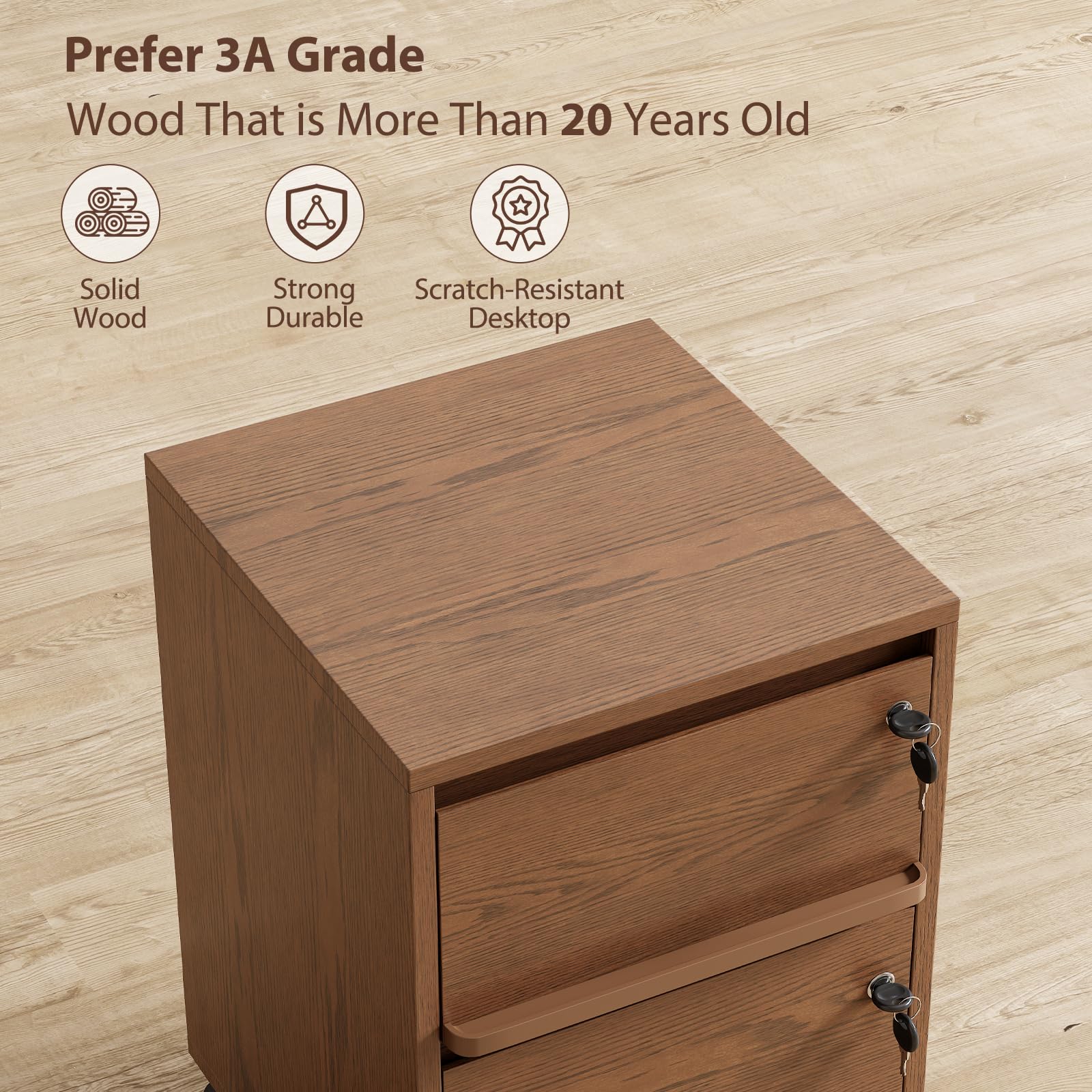 KungFuWood Wheeled Double-Drawer Filing Cabinet, Lockable Mobile File cabinets, Suitable for Home Offices or Storage cupboards for Storing Legal documents or Letter-Sized Files.