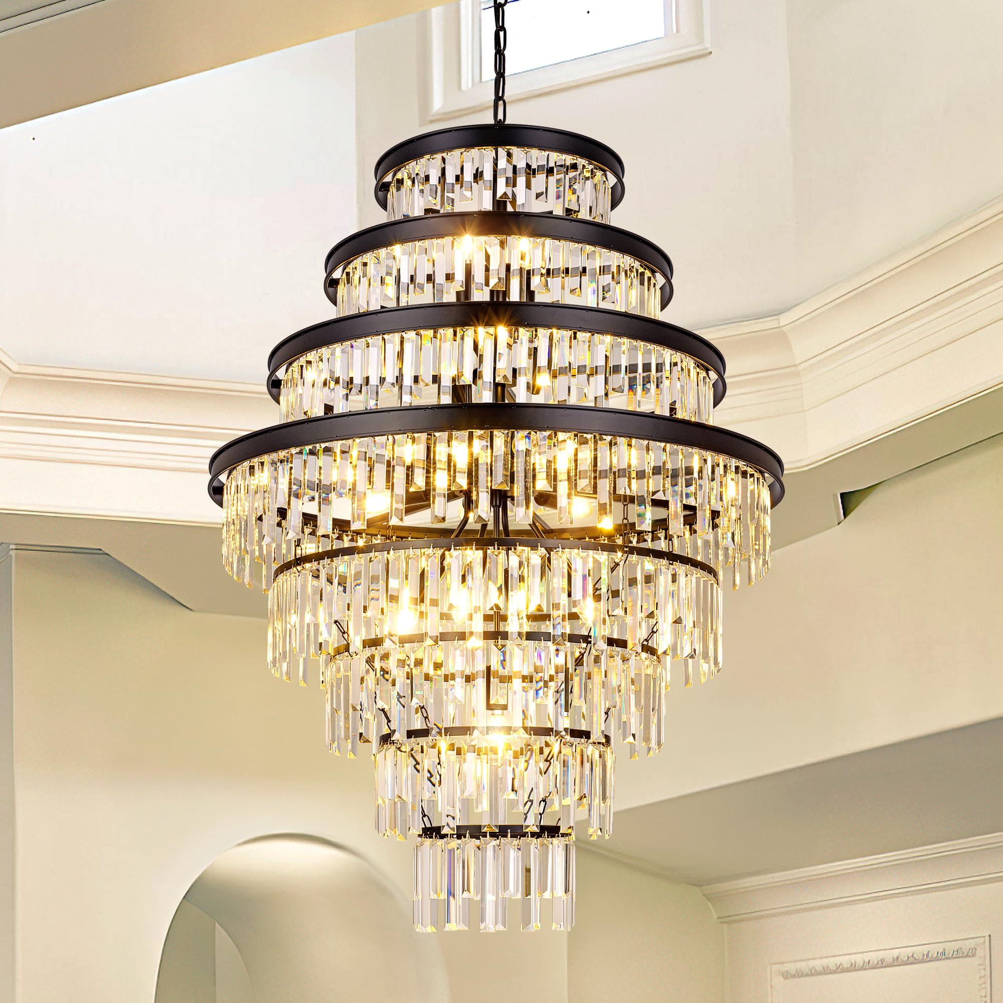 Wellmet Luxury 8-Tier Crystal Chandelier, Black Large Crystal Chandelier, for Living Room, Dining Room, Porch, Entryway, Hallway, Restaurant, 31''W
