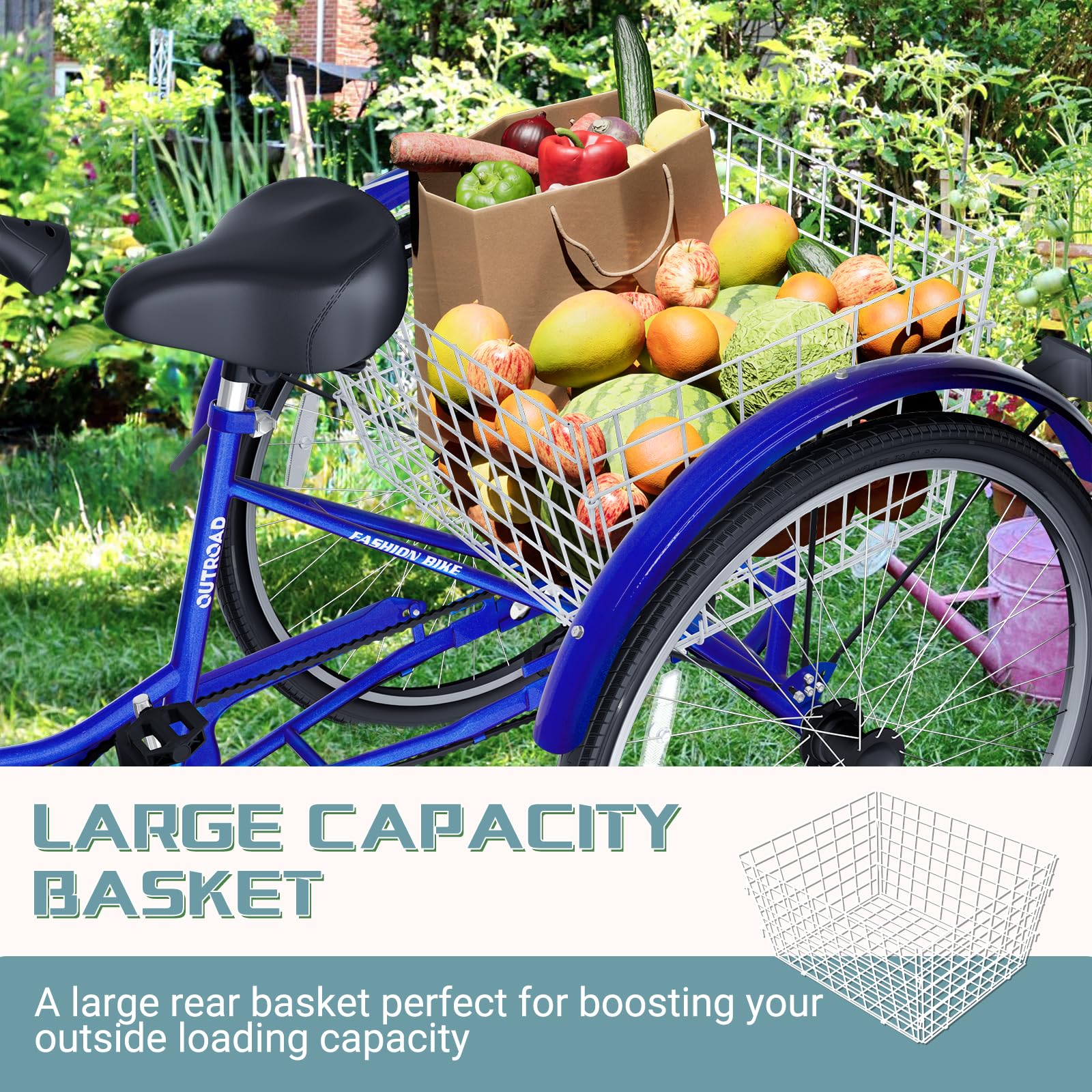 Brightpeak 7 Speed Adult Tricycle, 26 inch 3 Wheel Bike with Large Basket for Women Men Seniors, Cruiser Trike for Outdoor, Shopping, Picnic, Recreation (Blue)