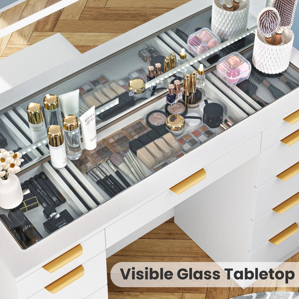 Pamapic Glass Top Vanity Desk with Mirror and Lights, 11 Drawers Makeup Vanity with Charging Station and Chair, Golden Handles Dressing Table, 3 Lighting Modes Makeup Table, White