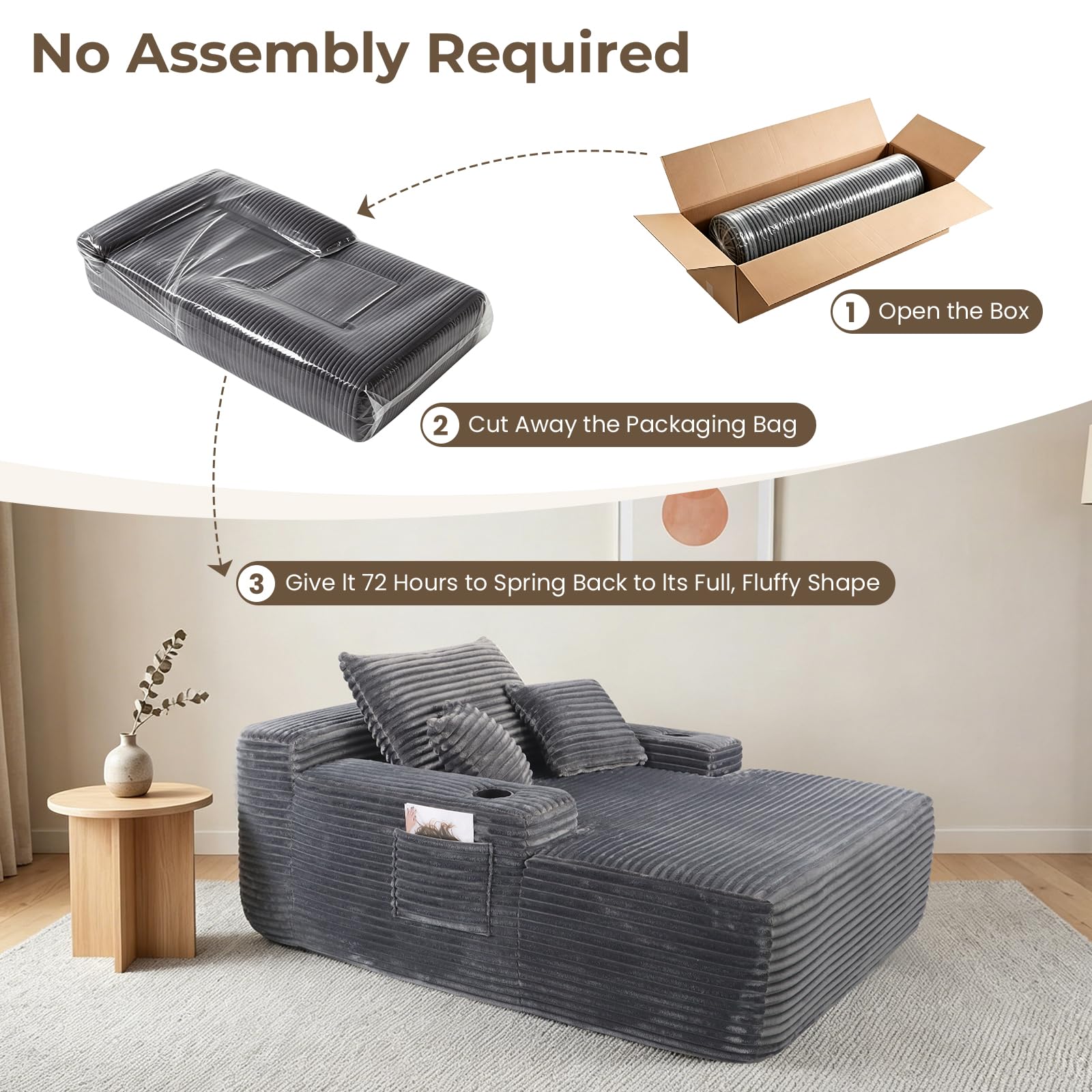Yafylly 65" Boneless Chaise Lounge, Oversized Corduroy Sleeper Bed with Cup Holders & Side Pockets – No Assembly, for Living Room, Bedroom, Reading Nook, Lounge, Grey