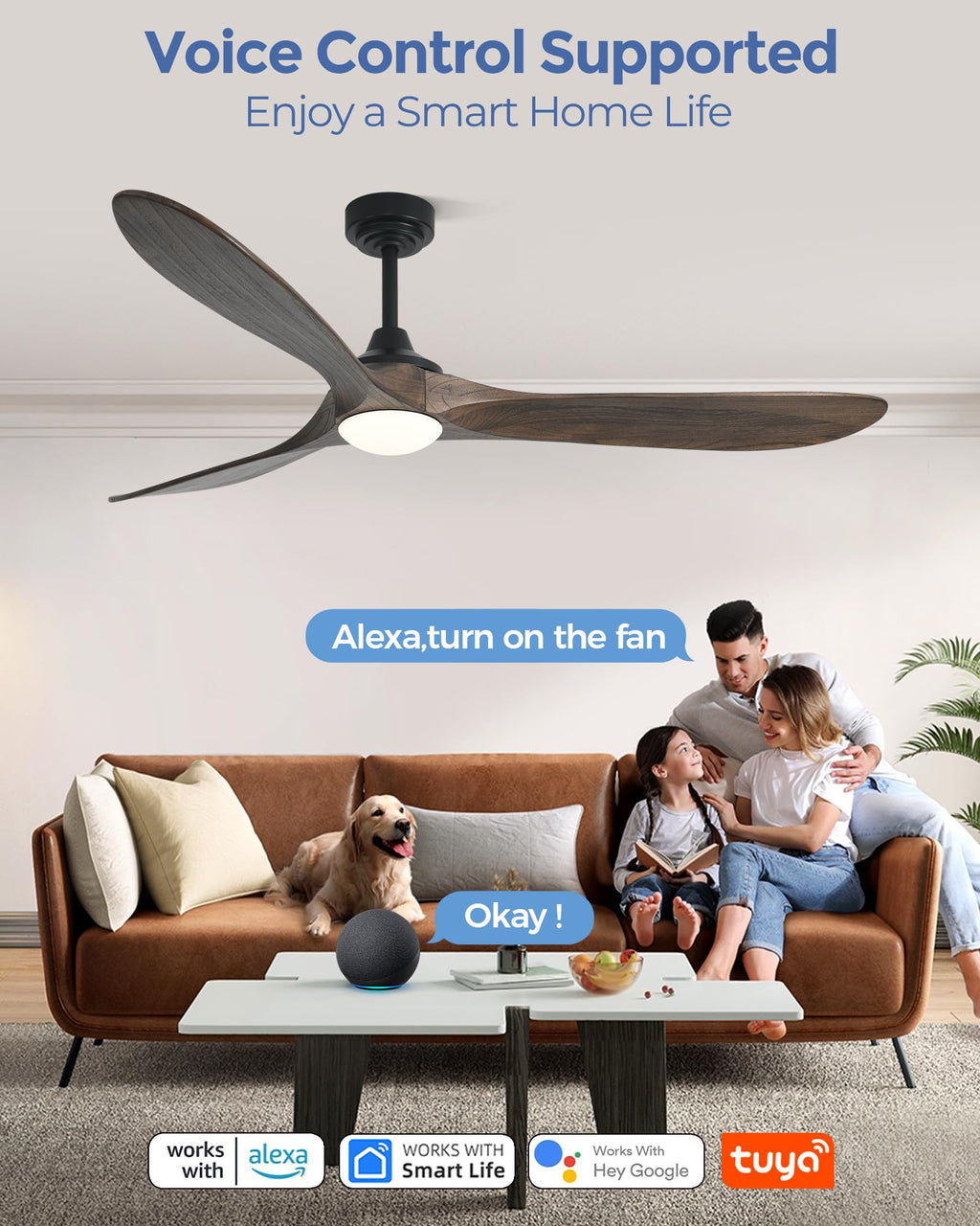 Ombrin 72 inch Outdoor Ceiling Fans with Lights,Smart Wood Large Ceiling Fan for Alexa,Google & APP Control,Indoor/Outdoor,3 Blades,3CCT Dimmable,Deep Brown Walnut,Downrod Mount for Patio Porch