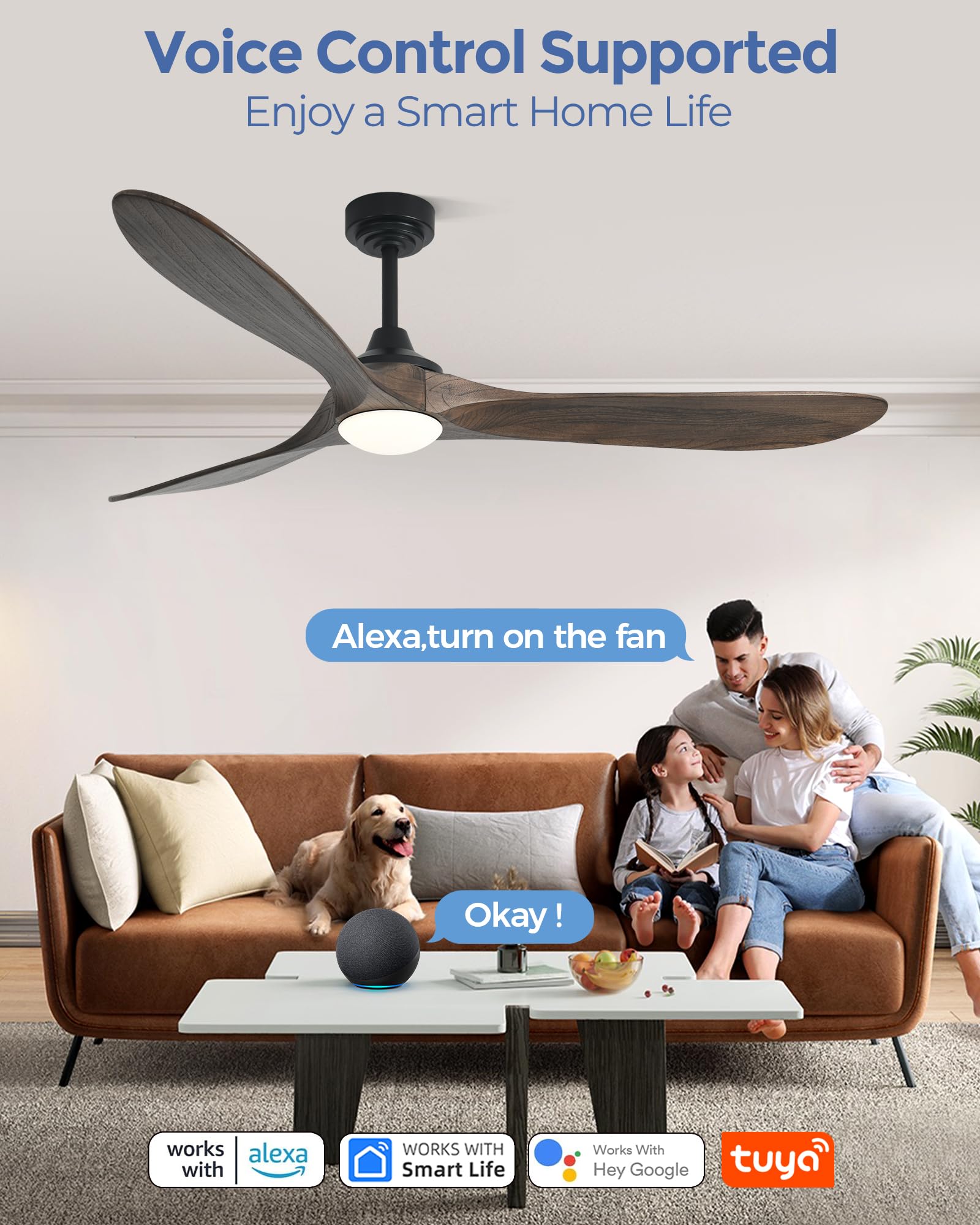Ombrin 72 inch Outdoor Ceiling Fans with Lights,Smart Wood Large Ceiling Fan for Alexa,Google & APP Control,Indoor/Outdoor,3 Blades,3CCT Dimmable,Deep Brown Walnut,Downrod Mount for Patio Porch