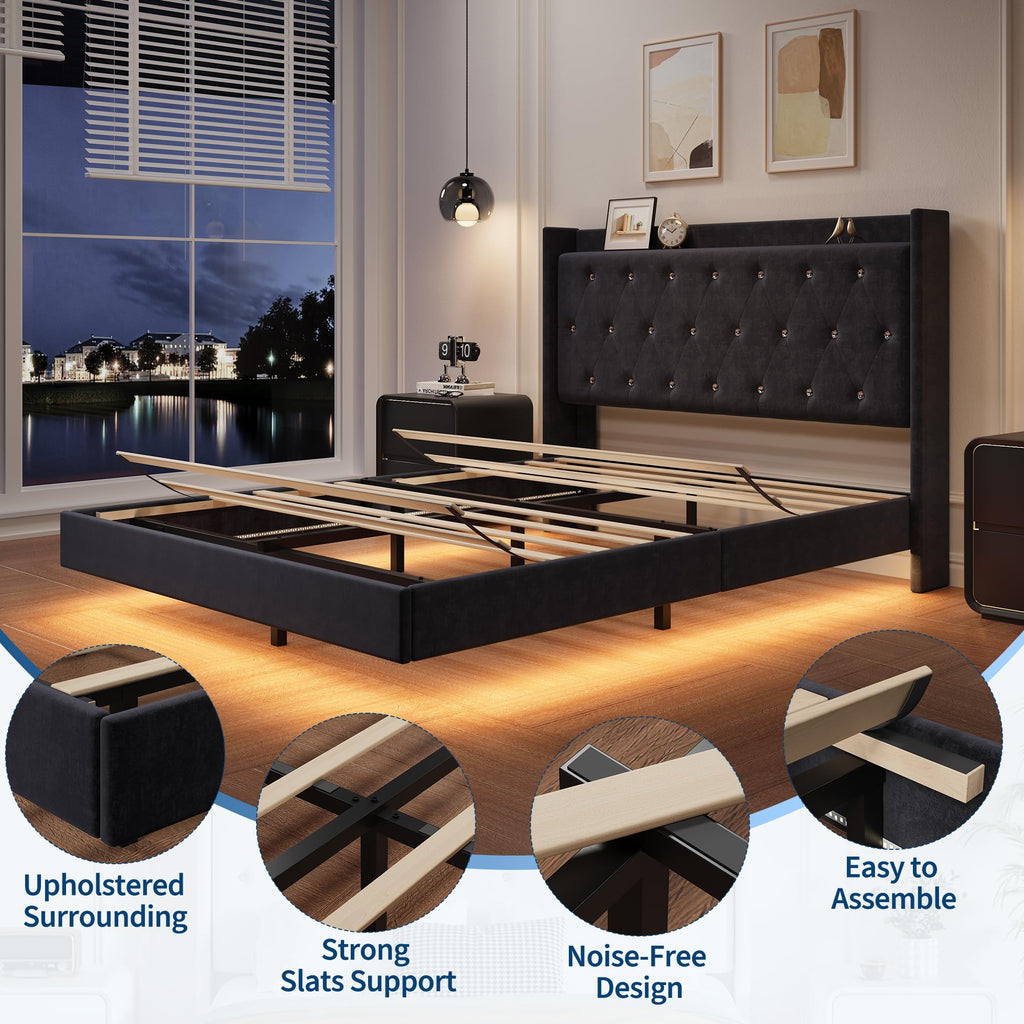 GAOMON Floating Bed Frame Full Size with LED Lights, Velvet Upholstered Platform Full Bed Frame with Wingback Storage Headboard, No Box Spring Needed, Easy Assembly, Black