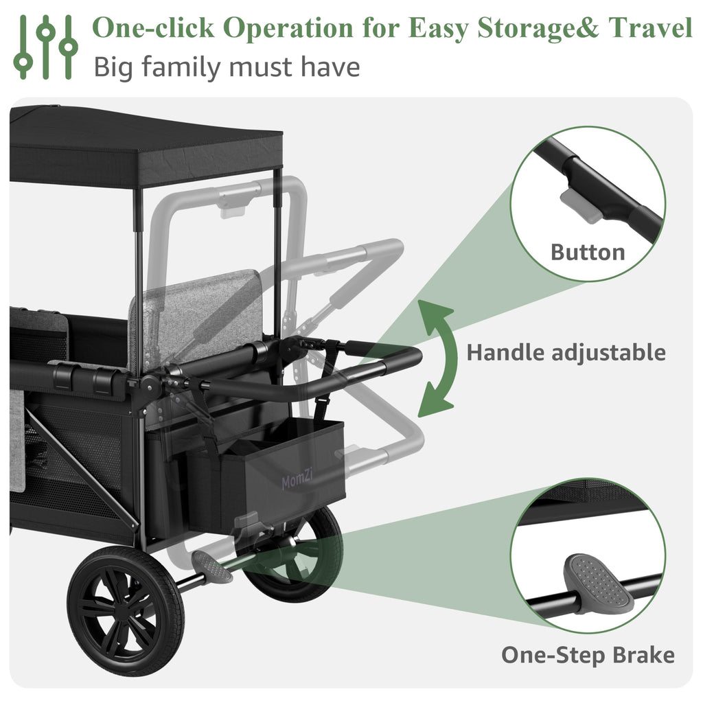 MomZi 4 Seater Wagon Stroller for Kids, Collapsible Wagon Stroller with Removable Canopy, Foldable Stroller Wagon with Seat and Storage Pocket for Baby Toddlers Black