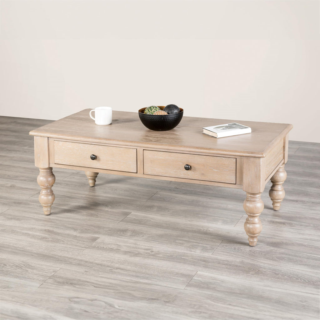 Furniture of America Shelimar Transitional Solid Wood 52-inch Rectangular Coffee Table, 2 Soft-Closing Drawers and Ball-Bearing Glide for Living Room, Light Washed White