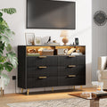 Garvee 53.9" Wide Luxury 6 Drawers Dresser with LED Lights & Charging Station, Curved Fluted Wood Chest of Drawers with Gold Handles, Modern Storage Cabinet for Bedroom Living Room, Black