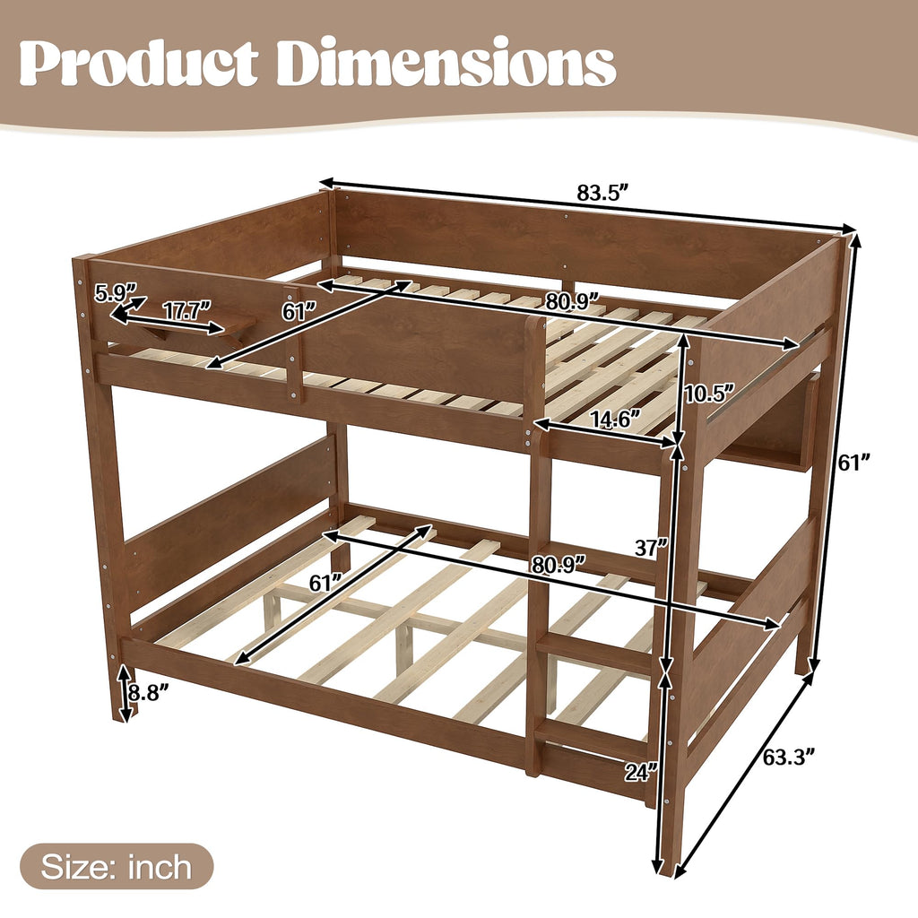 KEIKI Queen Over Queen Size Wooden Bunk Bed Frame with Convenient Tray & Built-in Storage Shelves, Detachable Bunk Bed with Solid Slats, No Box Spring Required, Easy Assembly, for Bedroom, Brown
