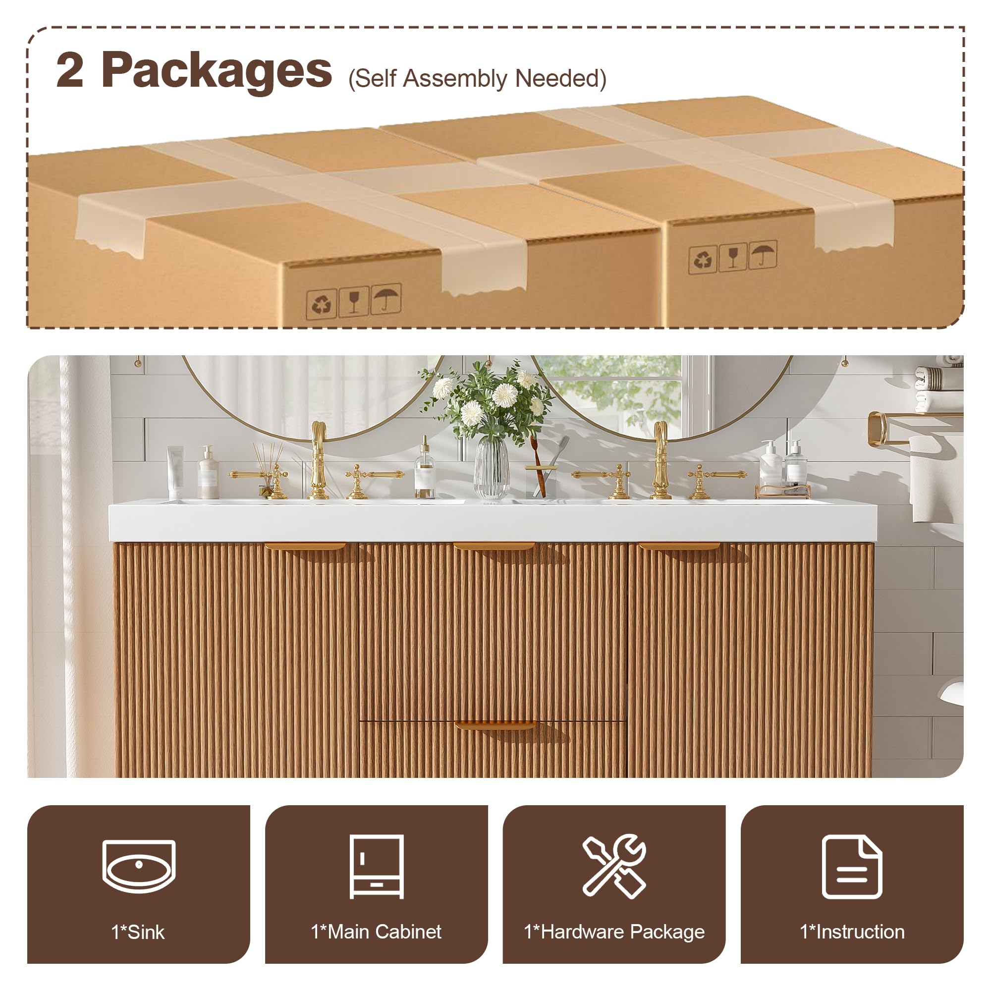 Merax 47.24" Wall-Mounted Double Sink Bathroom Vanity with SMC Countertop, Modern Two Integrated Sinks, Soft-Close Doors & Divided Drawers, Wood Grain Melamine Finish for Shared Bathroom