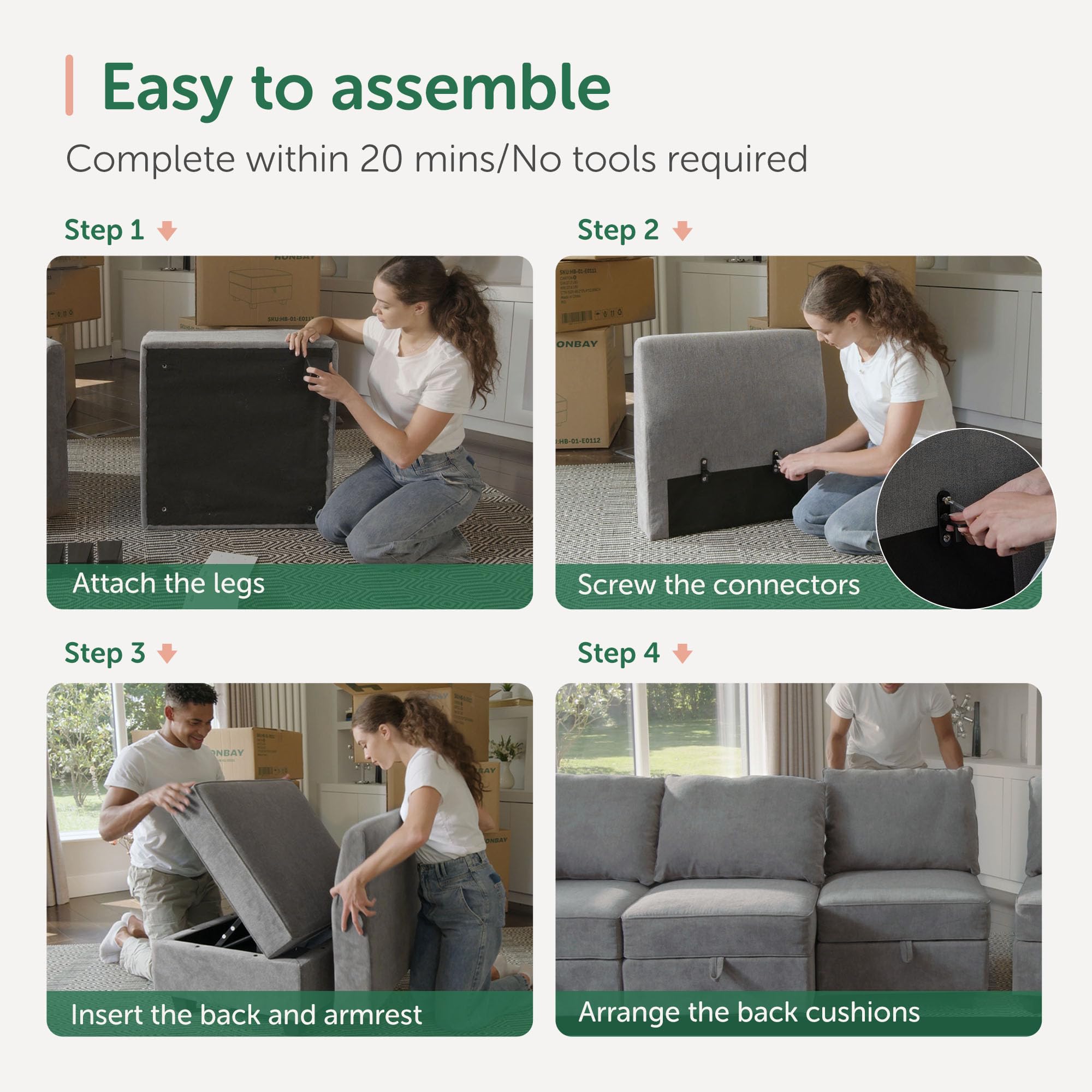 HONBAY Modular Sectional Sleeper Sofa Reversible Modular Couch with Storage Seats Modular Sleeper Sectional Sofa with Storage Ottoman, Grey