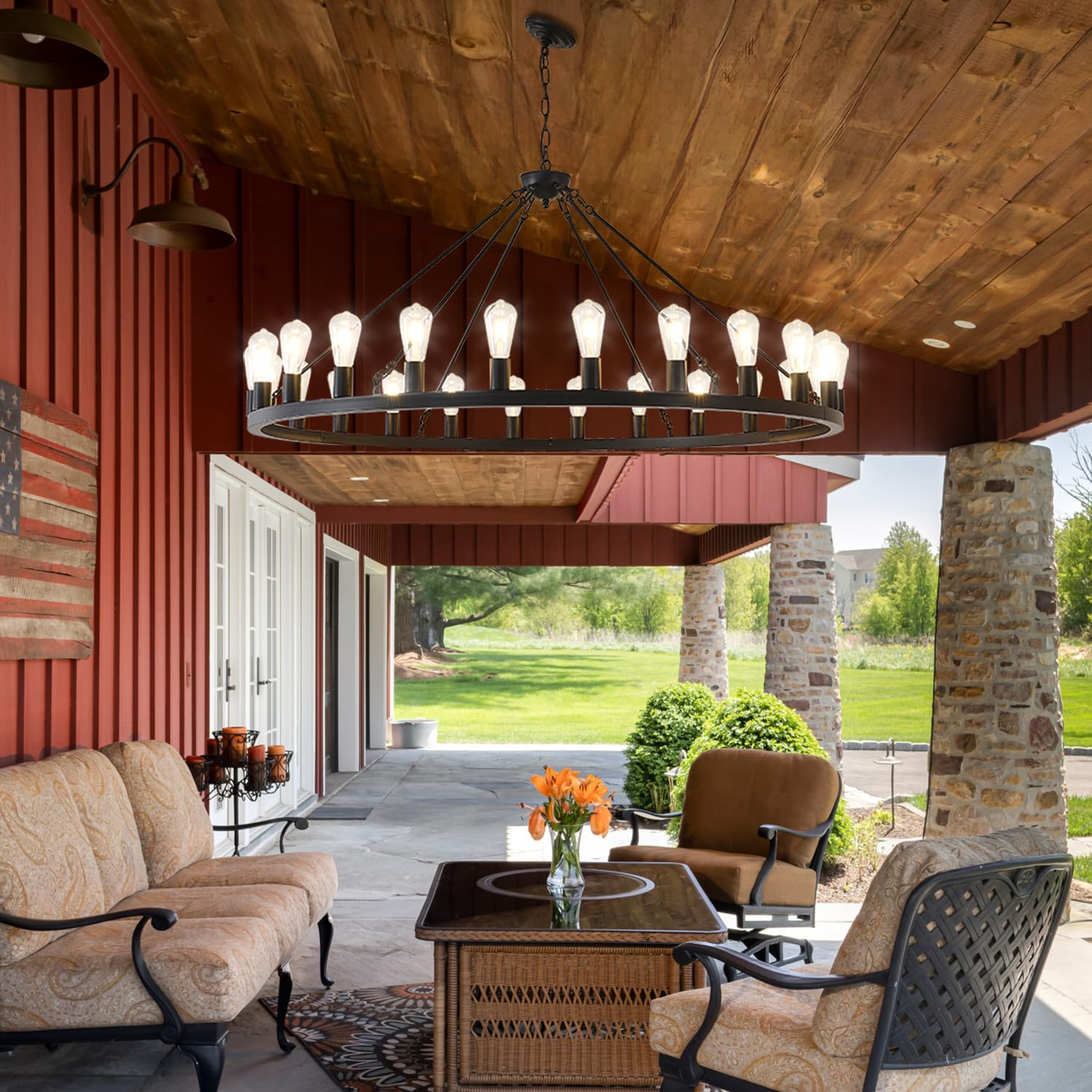 53” Large Farmhouse Wagon Wheel Chandelier,Black Rustic Chandelier 24-Lights,Round Dining Room Light with Adjustable Height,Industrial Ceiling Light Fixtures for Kitchen,Foyer,Porch,Living room