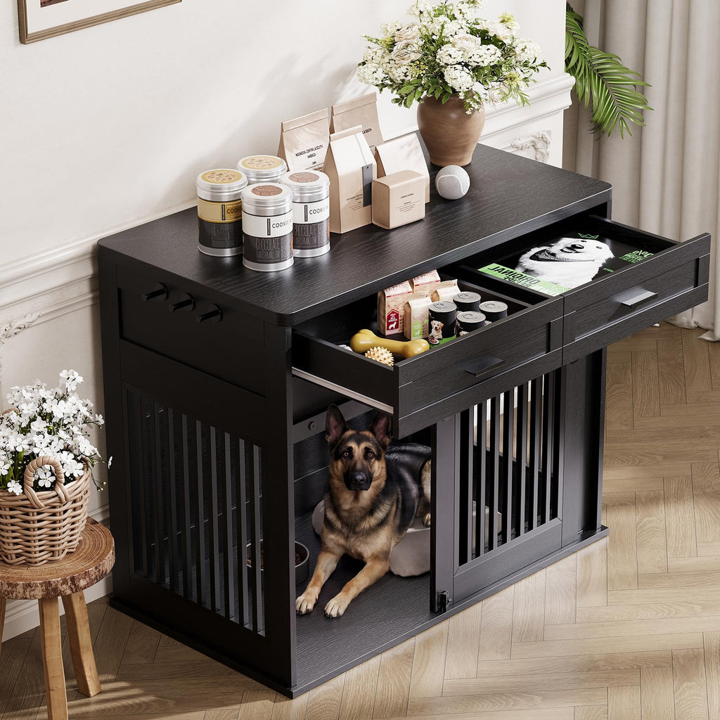 44.5''Large Dog Crate Furniture with 2 Storage Drawers,Heavy Duty Dog Kennel Indoor with Hook,Dog Kennel End Table TV Stand, Farmhouse Style Dog Crates with Sliding Barn for Medium/Large Dogs,Black