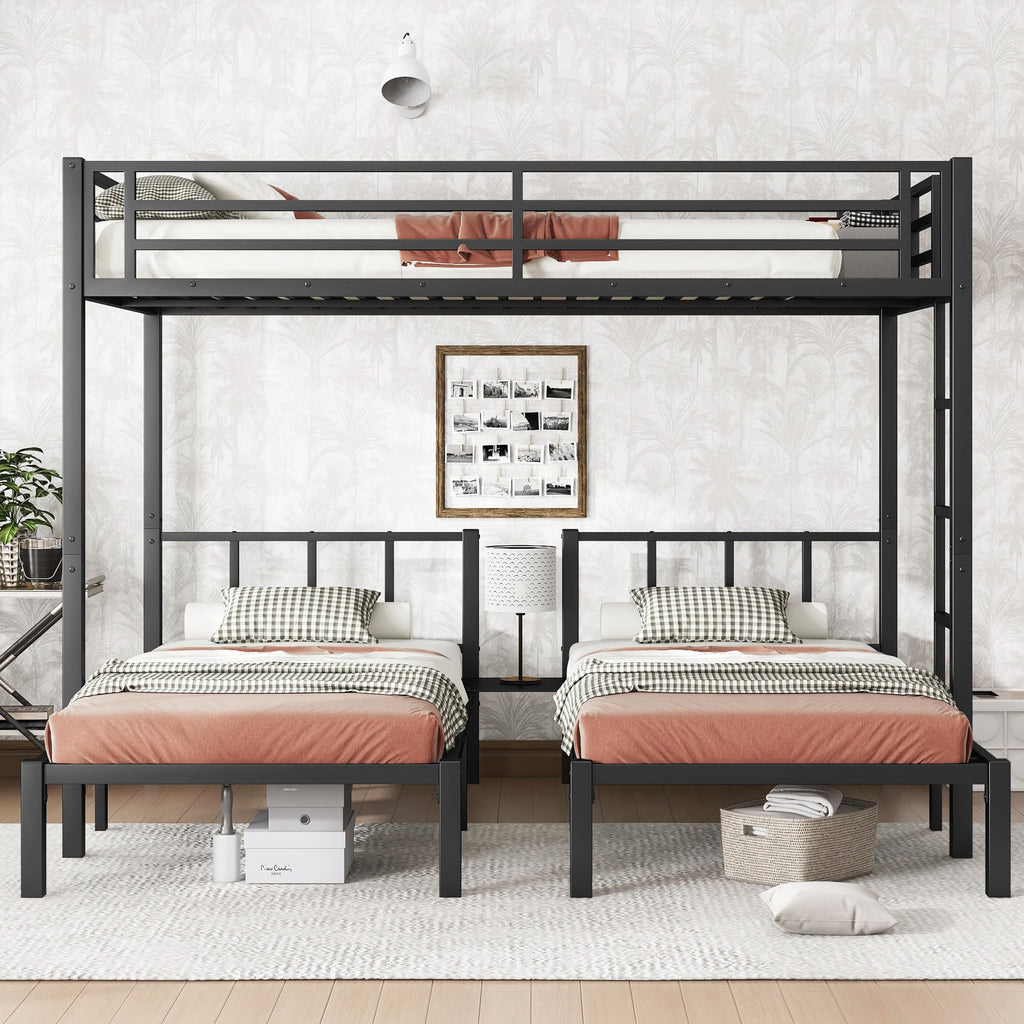 Bellemave Triple Bunk Bed for Kids, Detachable Queen Over Twin & Twin Metal Bunk Bed with Guardrails, Ladder & Storage, Converts to 3 Separate Beds, Easy to Assemble (3 Bunk Beds for Kids, Black)