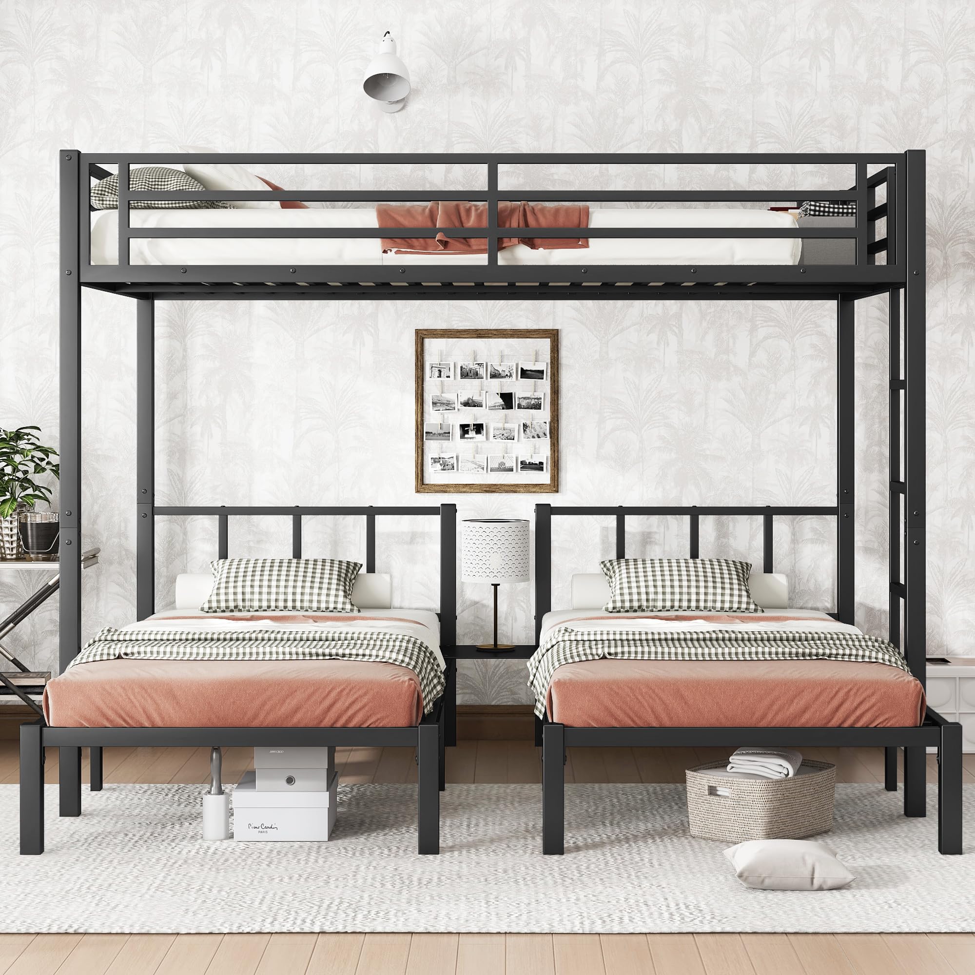 Bellemave Triple Bunk Bed for Kids, Detachable Queen Over Twin & Twin Metal Bunk Bed with Guardrails, Ladder & Storage, Converts to 3 Separate Beds, Easy to Assemble (3 Bunk Beds for Kids, Black)