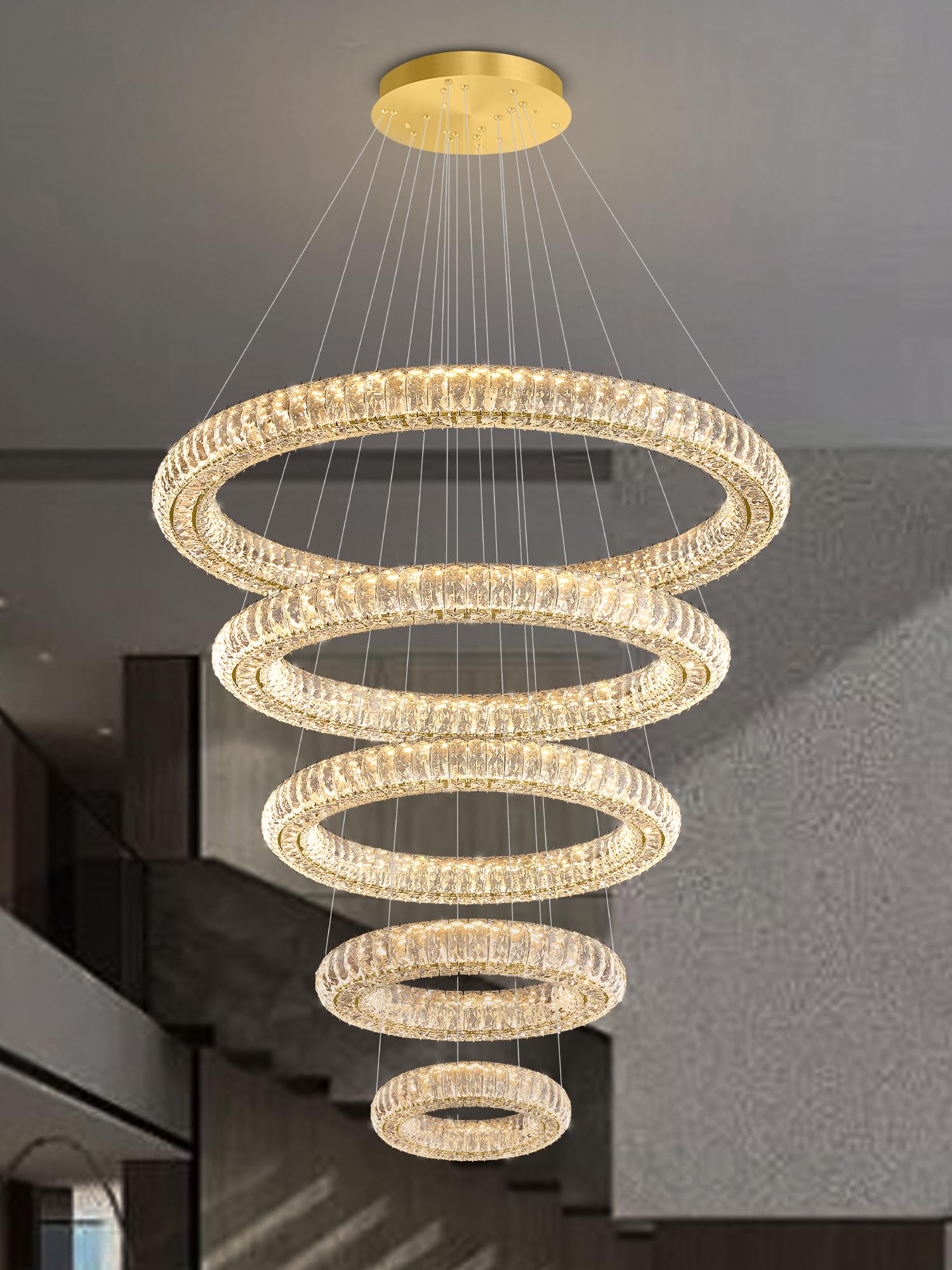 IDEQUY Large Gold Ring Chandelier for High Ceiling Modern Long Crystal Chandelier Lighting, Dimmable LED Ceiling Chandeliers,5 Ring D8‘’+15.7‘’+23.6‘’+31.5‘’+39.4''