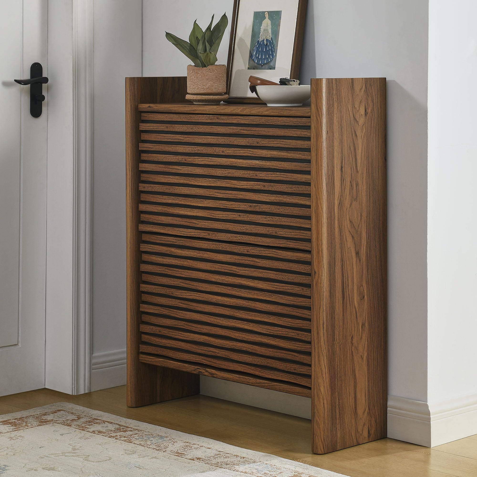 Modway Emric 35 Inch Wave Shoe Storage Cabinet in Walnut – Modern Slatted Front Shoe Rack Cabinet with 2 Flip Drawers for Entryway, Hallway, or Bedroom