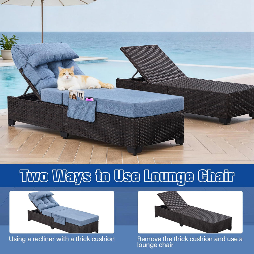 Ligescel Outdoor Chaise Lounge Chair, Patio Rattan Adjustable Recliner with 5-Inch Thick Cushion, Heavy Duty Metal Lounger for Pool Beach Yard (Blue)