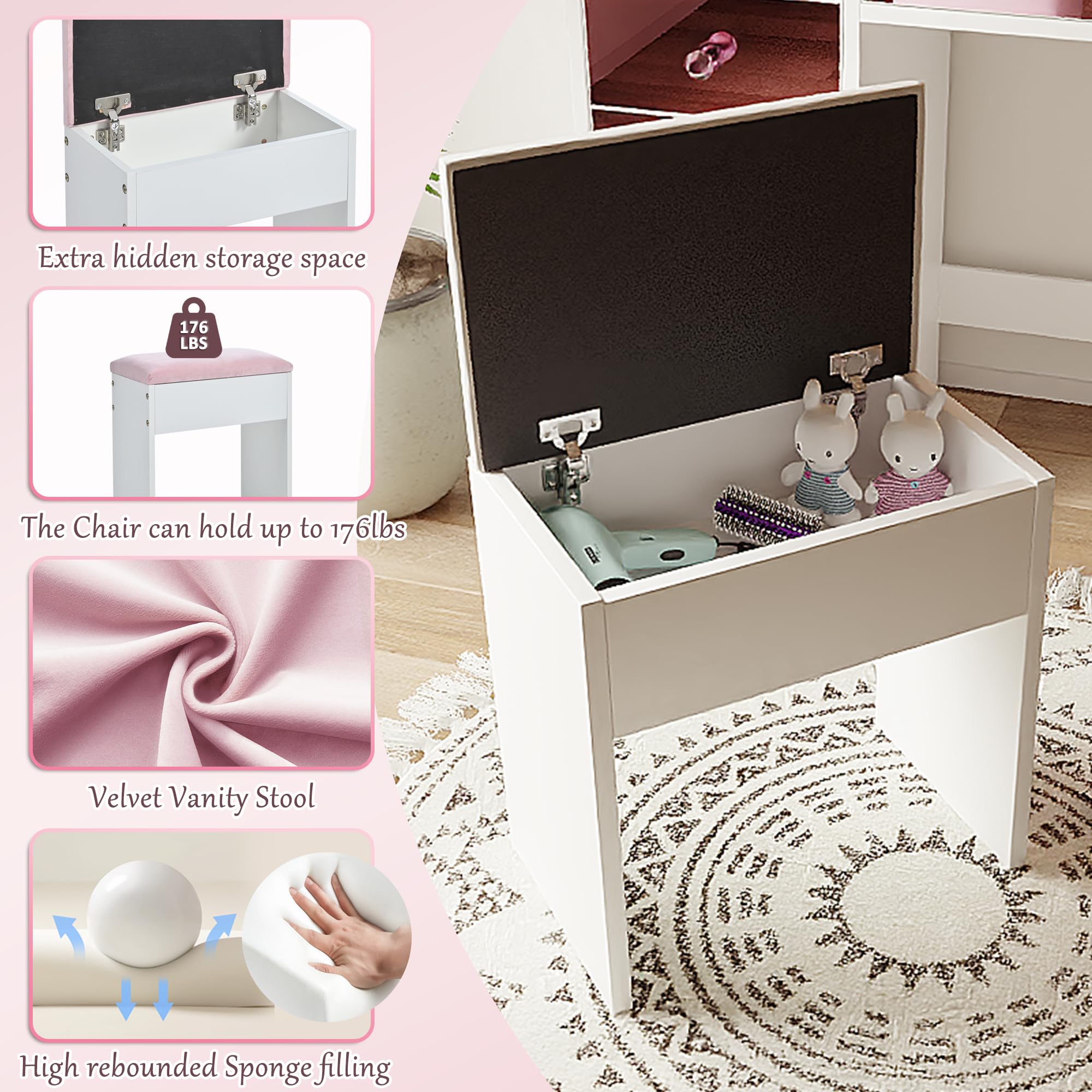 Merax Vanity Desk with Mirror and Lights, Pink Makeup Vanity Set with 9 LED Bulbs and Power Outlet, 6 Storage Drawer & Shelves, Dressing Table Set with Pink Vanity Stool for Girls & Women