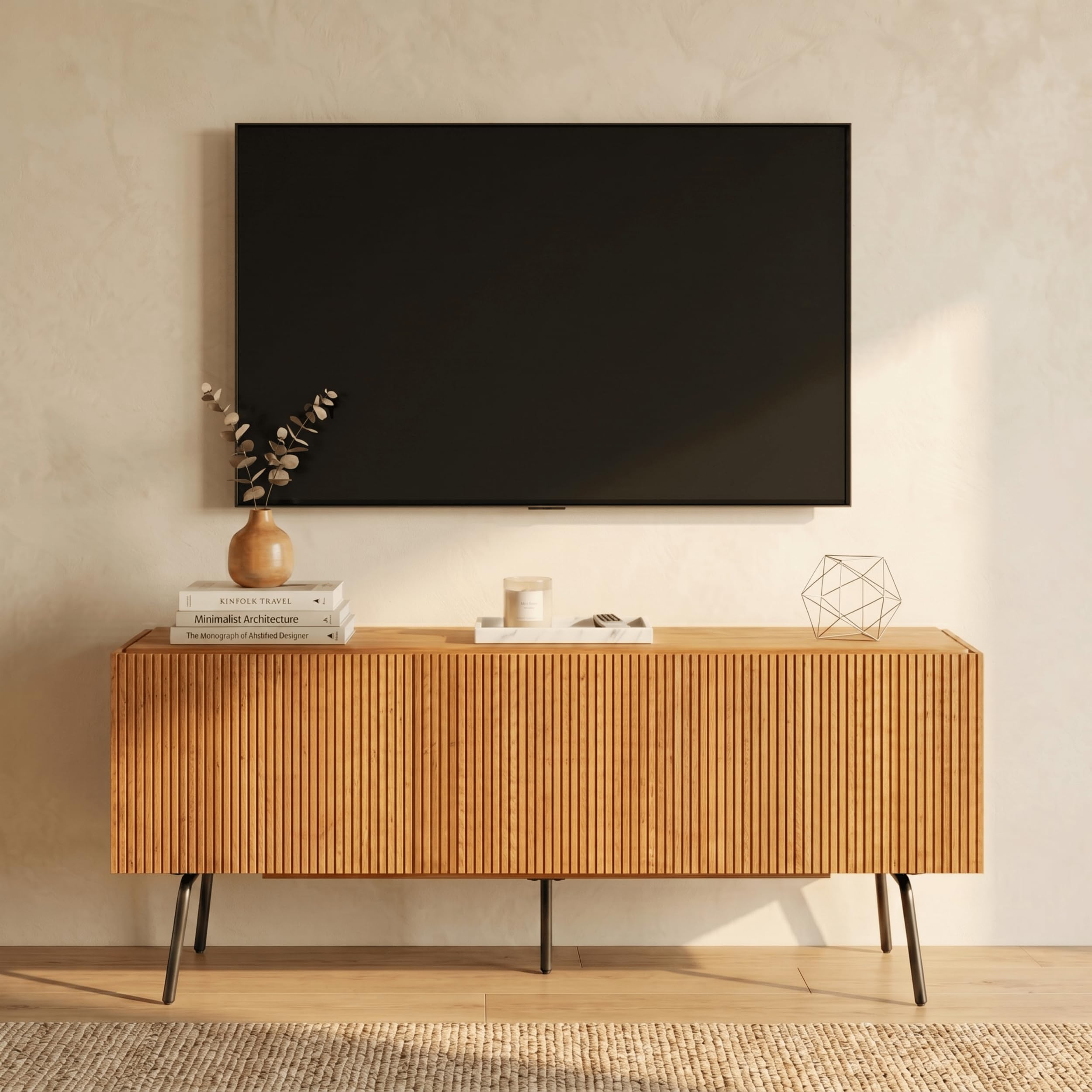 NTC Veil TV Stand with 3 Doors for TVs up to 60’’, Media Console with Vertical Groove Design and Metal Legs, Modern Entertainment Center for Living Room and Bedroom, Effortless Assembly, Teak Look