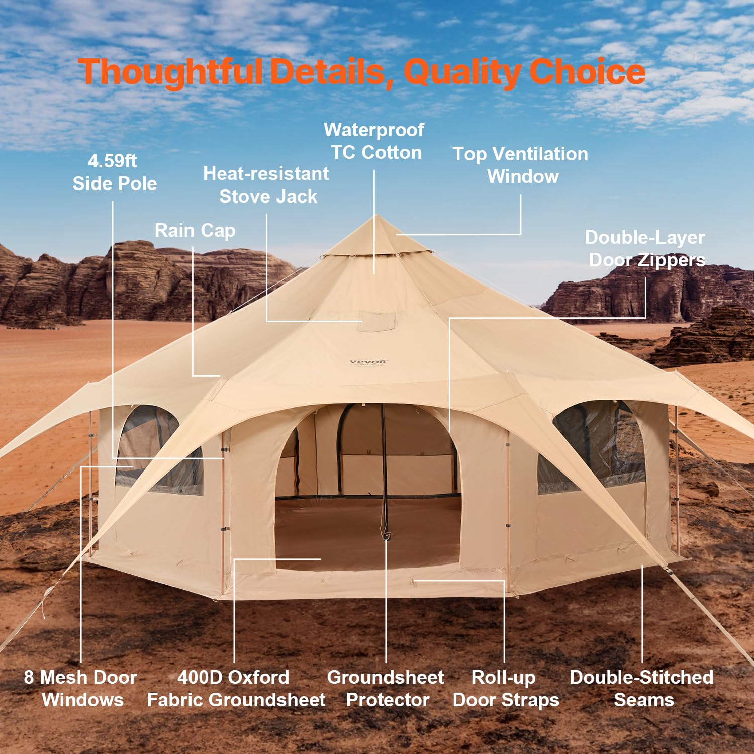 VEVOR Canvas Tent, 4 Seasons 5 m/16.4 ft Bell Tent, for Camping with Stove Jack, Family Camping Outdoor Hunting Party