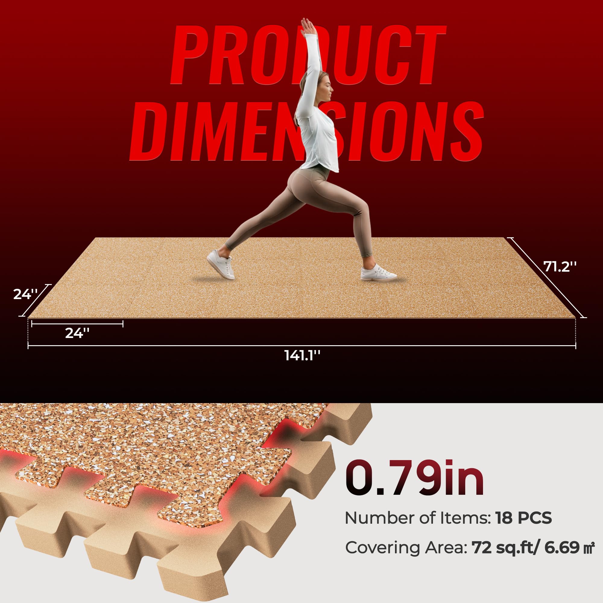 SUPERJARE 0.79'' Extra-Thick Exercise Equipment Mats, 18 Pcs 72 Sq Ft Rubber Top Floor Tiles with High Density EVA Foam, Interlocking Gym Flooring for Home Gym, Workout Mat, Wood