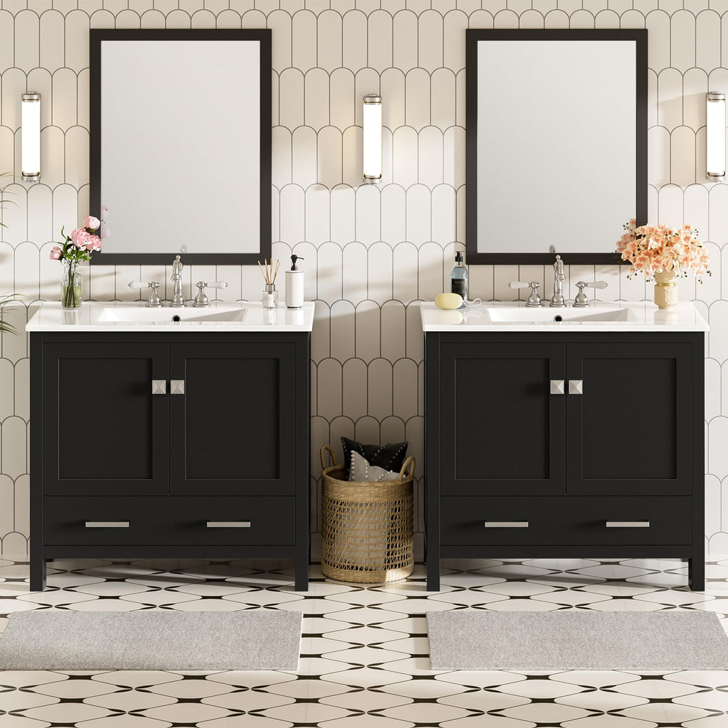 Favfurish 72" Double Bathroom Vanity with Ceramic Sink,Free Standing Single Basin Vanity Set w/Storage Shelves & Divided Drawer,Soft-Close Doors,Bathroom Storage Solution,Mirror Not Included,Black