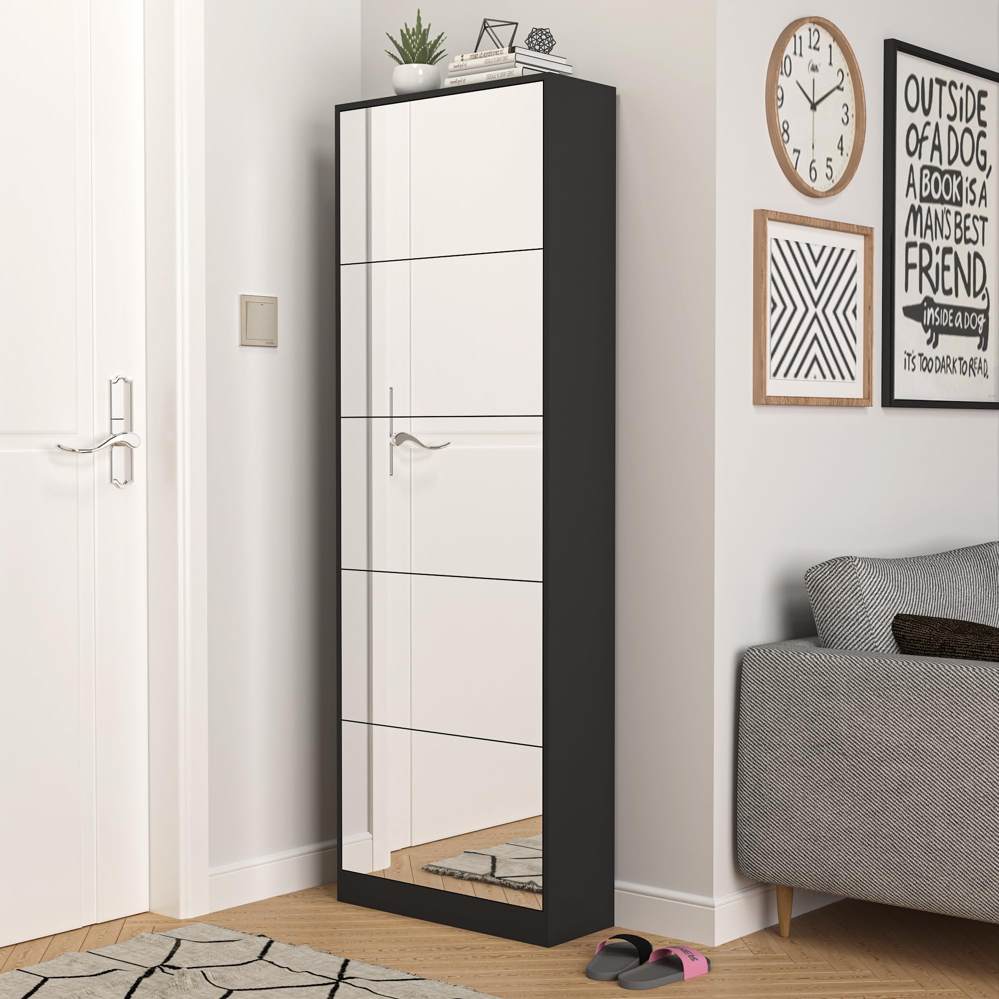 Organizedlife Shoe Storage Cabinet with Full Length Mirror, 30 Pairs & 5 Flip Drawer, Free Standing Shoe Rack Cabinet, Narrow Shoes Organizer for Front Door, Entryway (2-Shelf of Drawers, Black)