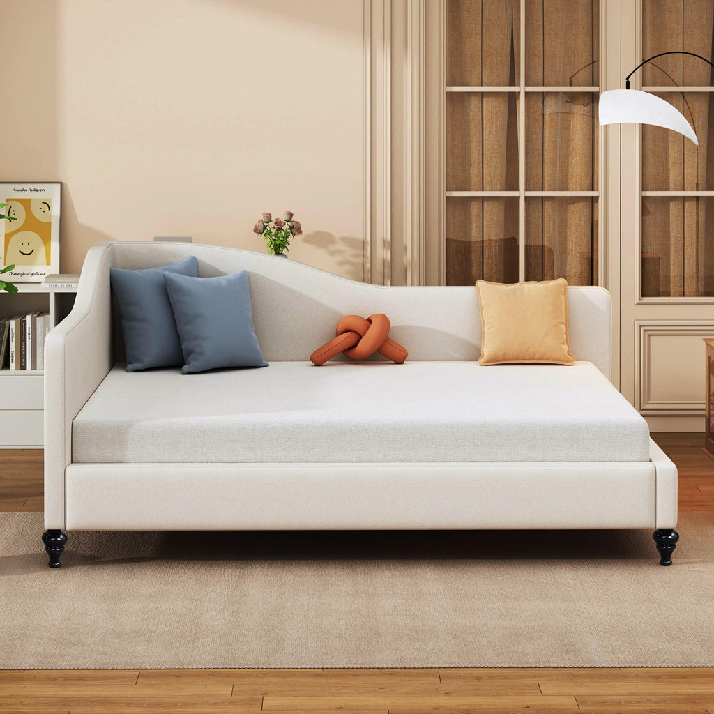 Merax Full Size Bed Frame Daybed, L-Shaped Linen Corner Sofa with Solid Wood Legs for Living Room & Guest Room, No Box Spring Needed, Beige