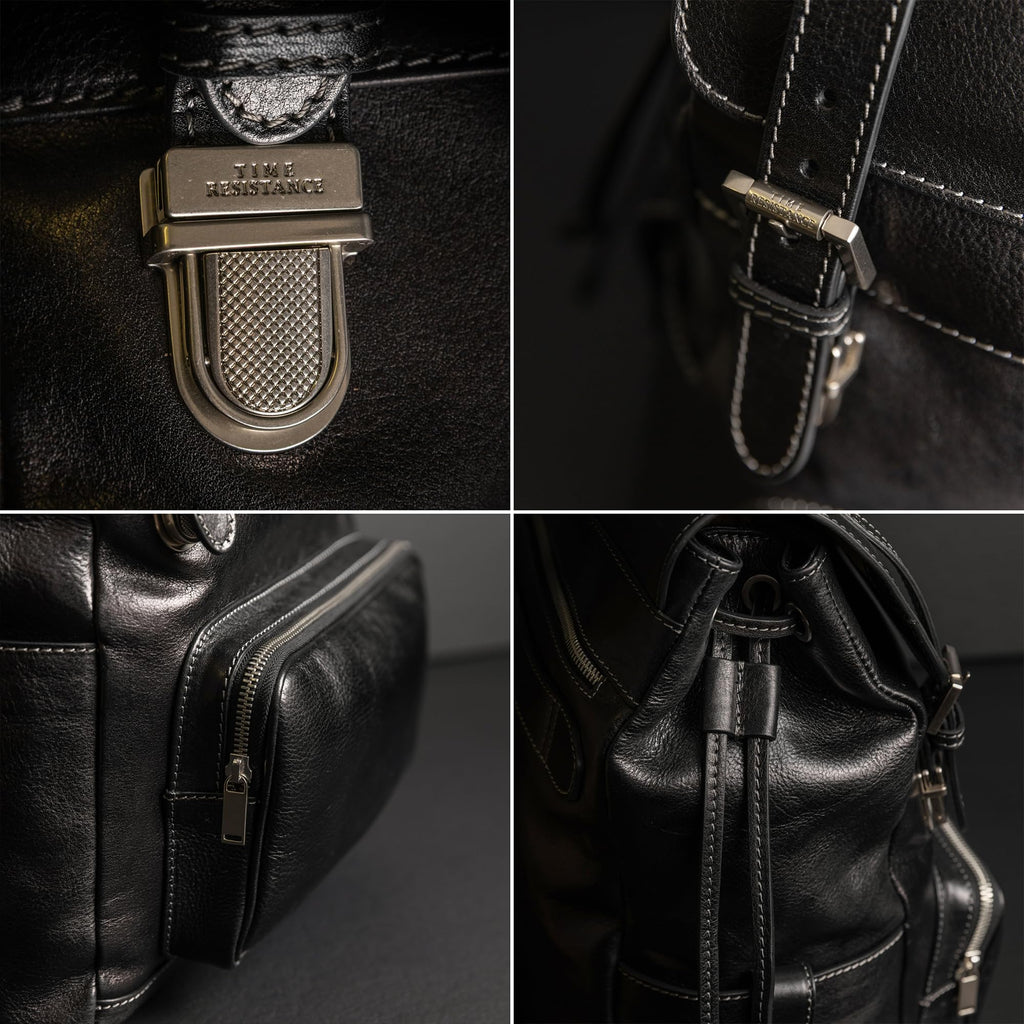 Time Resistance Leather Backpack - Full Grain Real Leather Travel Bag and Carry-On Rucksack (Black)