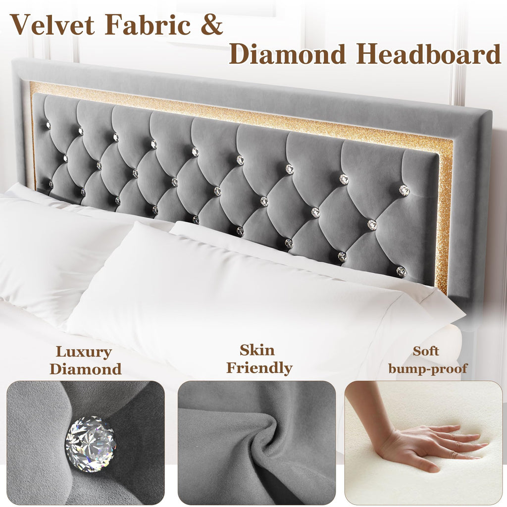 Floating Queen Platform Bed Frame with Smart LED Lights – Modern Diamond Upholstered Headboard, Noise-Free Wood Slats, Under-Bed Storage, Easy Assembly, Contemporary Bedroom Furniture, King Gray