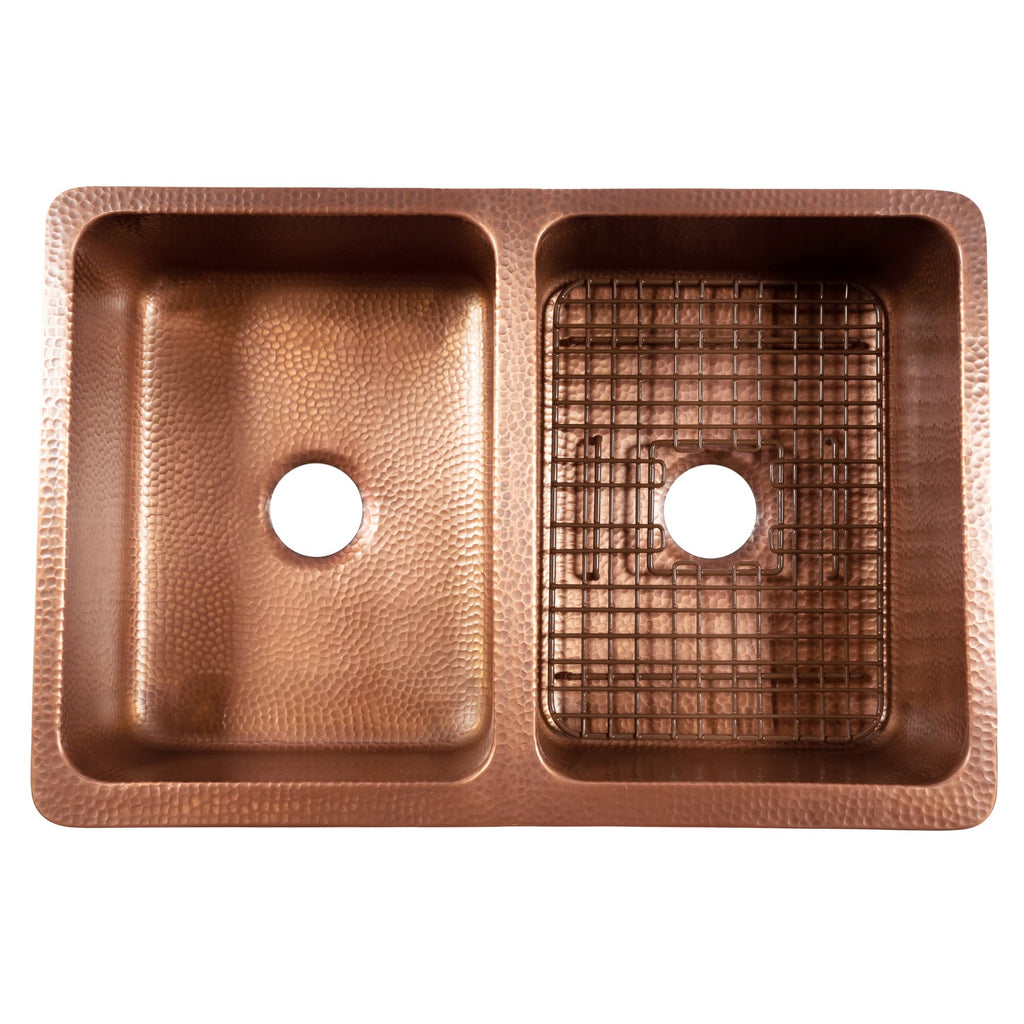 Sinkology Lange 32 Inch Farmhouse Sink - Handcrafted Solid Copper Apron Front Double Bowl Farm Sink for Kitchen, Antique Copper Finish, Fits 36 Inch Cabinet, Complete Kit, Sinkology Everyday Warranty
