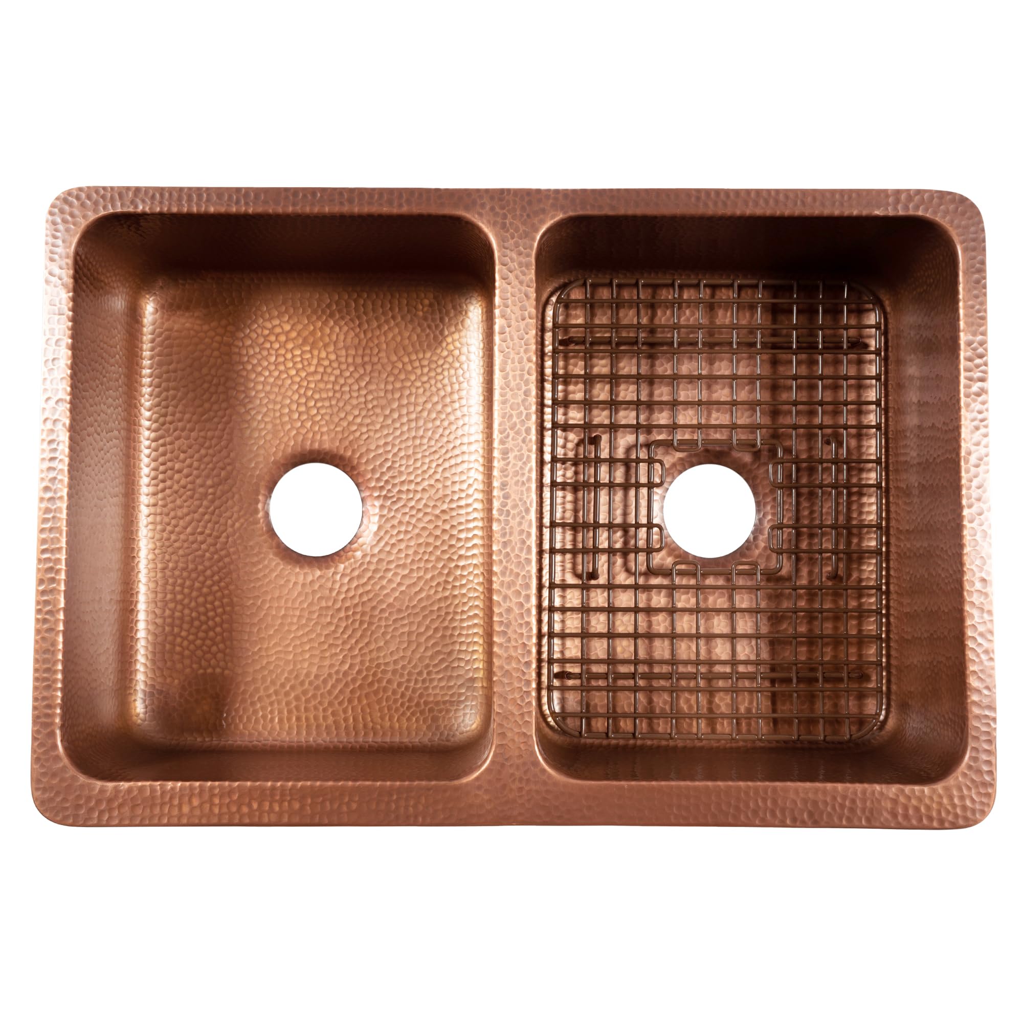 Sinkology Lange 32 Inch Farmhouse Sink - Handcrafted Solid Copper Apron Front Double Bowl Farm Sink for Kitchen, Antique Copper Finish, Fits 36 Inch Cabinet, Complete Kit, Sinkology Everyday Warranty