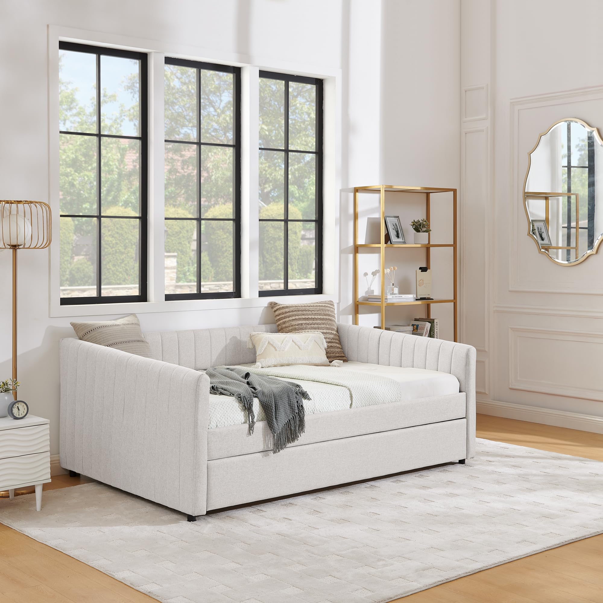 Ball & Cast Full Size Daybed with Pop up Trundle,Linen Upholstered Day Bed Frame with Channel Tufted Backrest & Armrest,Extendable Trundle Bed,Full to King Design,Easy Assembly,Black