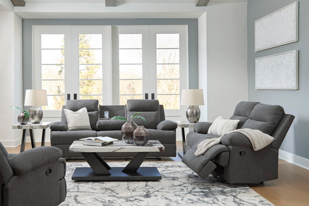 Signature Design by Ashley Yarrow Lane Classic Chenille Manual Pull Tab Reclining Loveseat, Gray