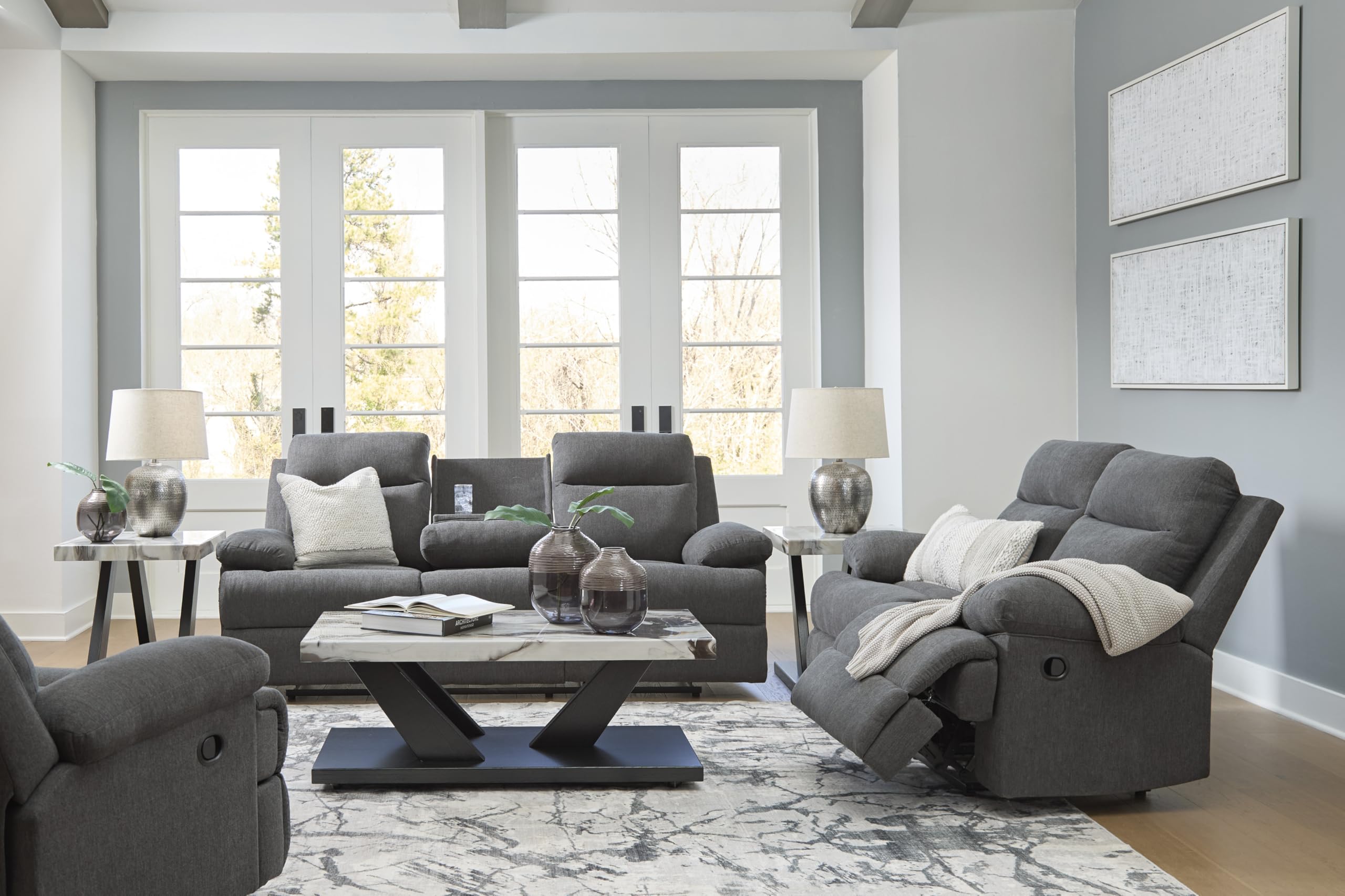 Signature Design by Ashley Yarrow Lane Classic Chenille Manual Pull Tab Reclining Loveseat, Gray