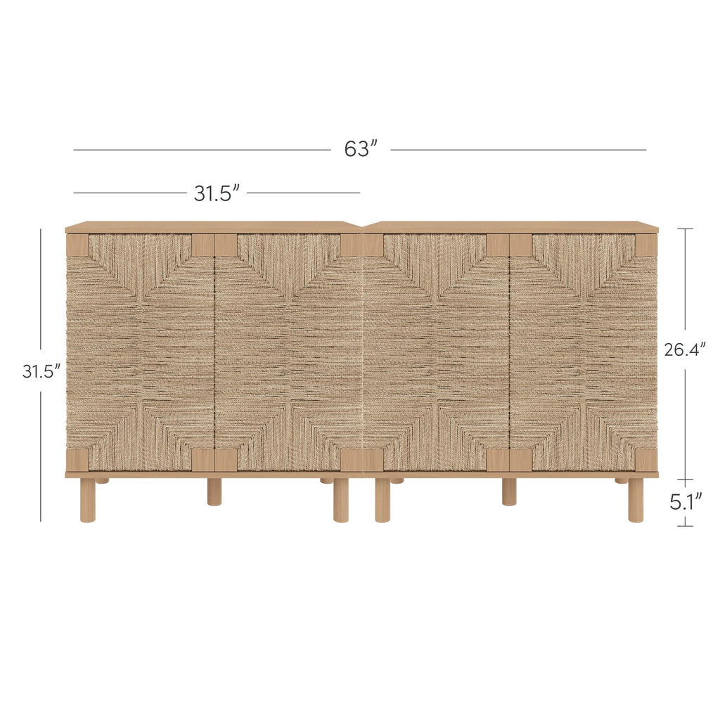 Nathan James Beacon Boho TV Stand, Free Standing Kitchen Cabinet Storage with Adjustable Interior Shelf and Seagrass Accent, Seagrass/Raw Oak, Set of 2