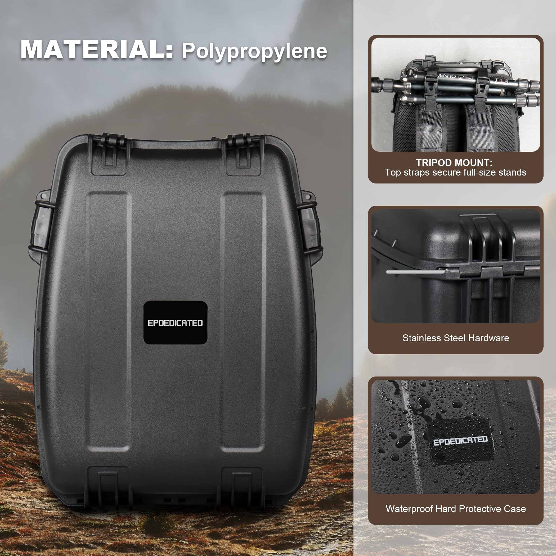EPDEDICATED Waterproof Hard Case for DSLR Cameras and Drones with Customizable Foam, TSA Ready Lock, Carry On Size Camera Backpack (Black)