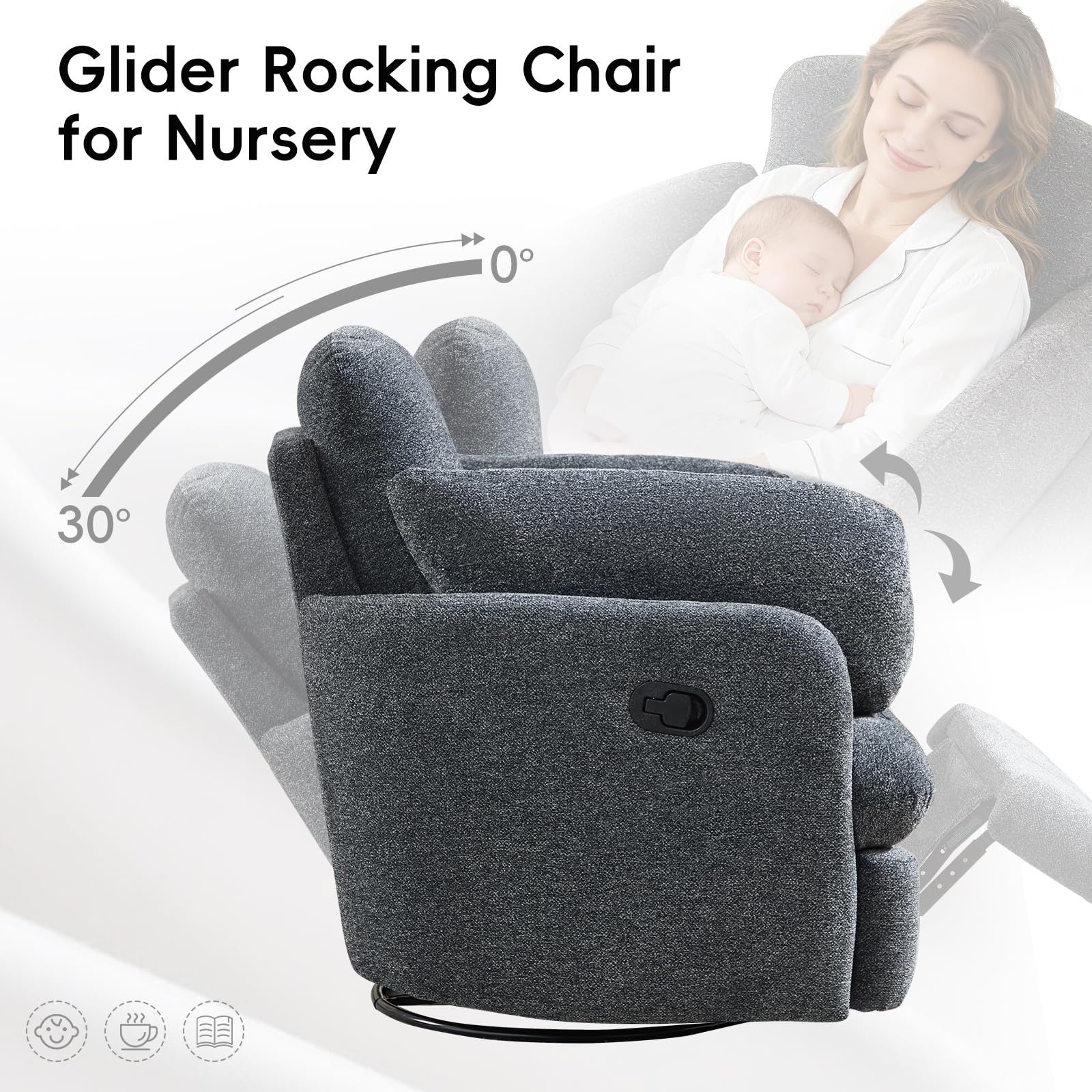 Bonzy Home Manual Recliner Chair Set of 2, 360°Swivel Rocker Recliner Chair for Adults, Overstuffed Nursery Rocking Reclining Sofa with 2 Pillows and Hidden Storage, Dark Grey