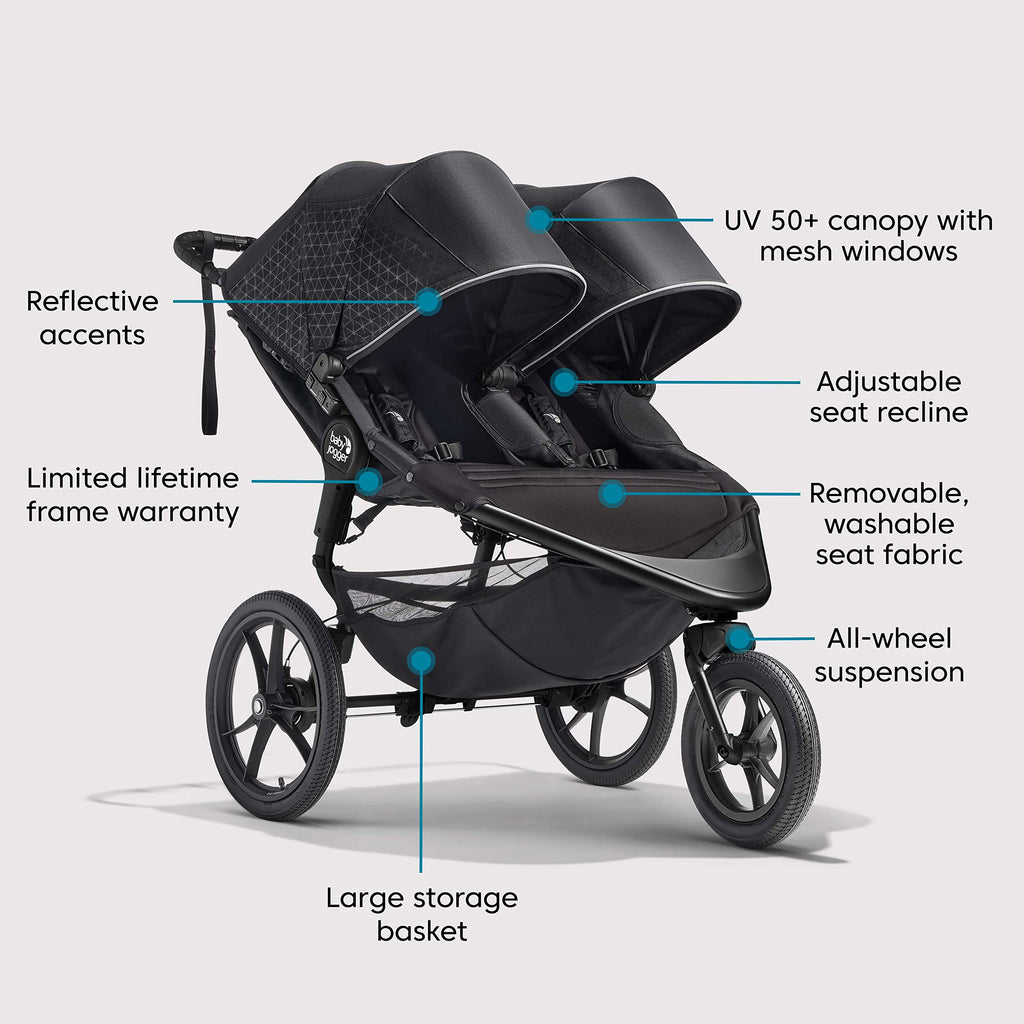 Baby Jogger® Summit X3 Double Jogging Stroller, Side by Side Double Stroller with Smooth Ride for Walking/Jogging, Compact Fold, All-Terrain Air Filled Tires, and All-Wheel Suspension, Midnight Black