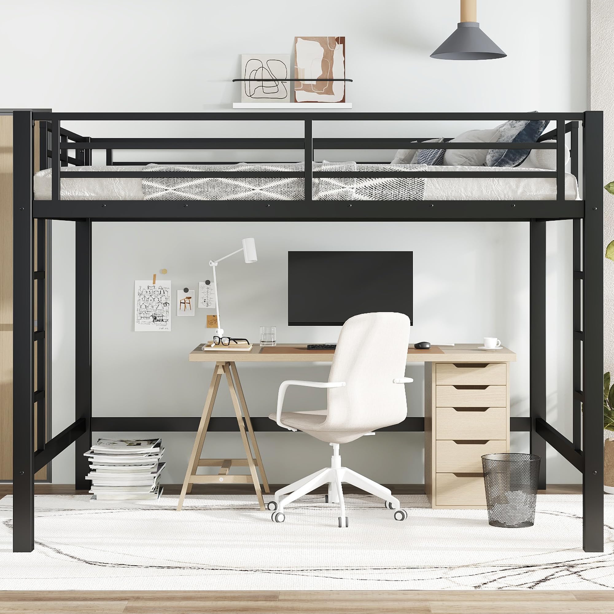 Metal Queen Size Loft Bed,Heavy Duty Loft Bed Frame Queen Size with 2 Ladders and Full Length Guardrails for Kids, Teens, Adults, Noise-Reducing,Space-Saving,Black