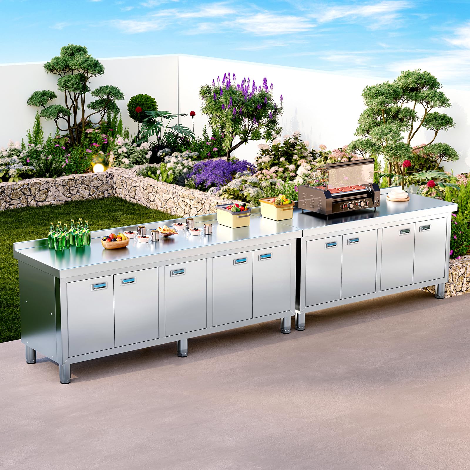 WWK 59" x 21" Stainless Steel Prep Table with Cabinet, Commercial Kitchen Table for Prep & Work, Heavy Duty Work Table with 4 Doors for Kitchen, Restaurant, Hotel, Garage and Cafe