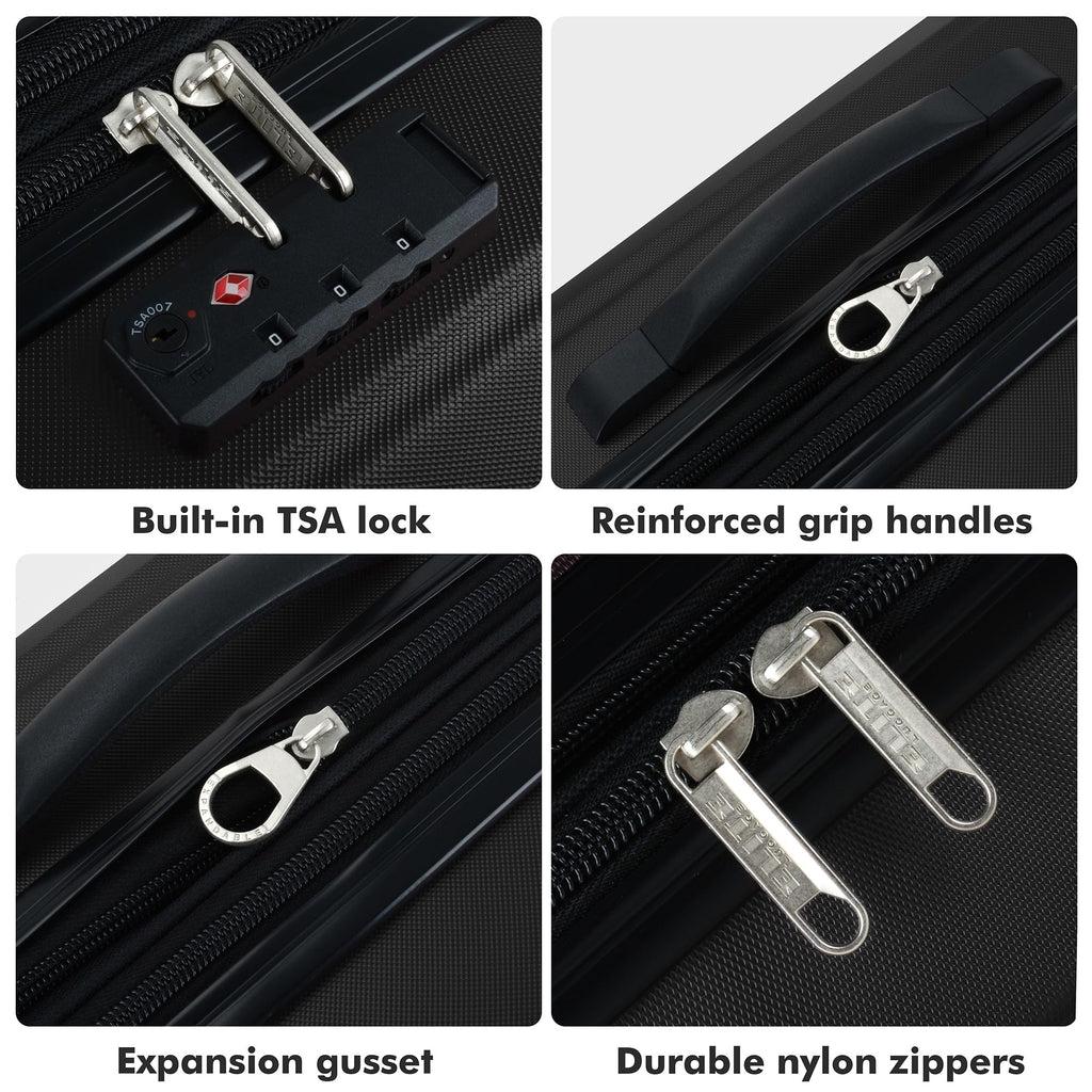 Elite Luggage Expandable Hardside Spinner Luggage,TSA Lock, Black, 3-Piece