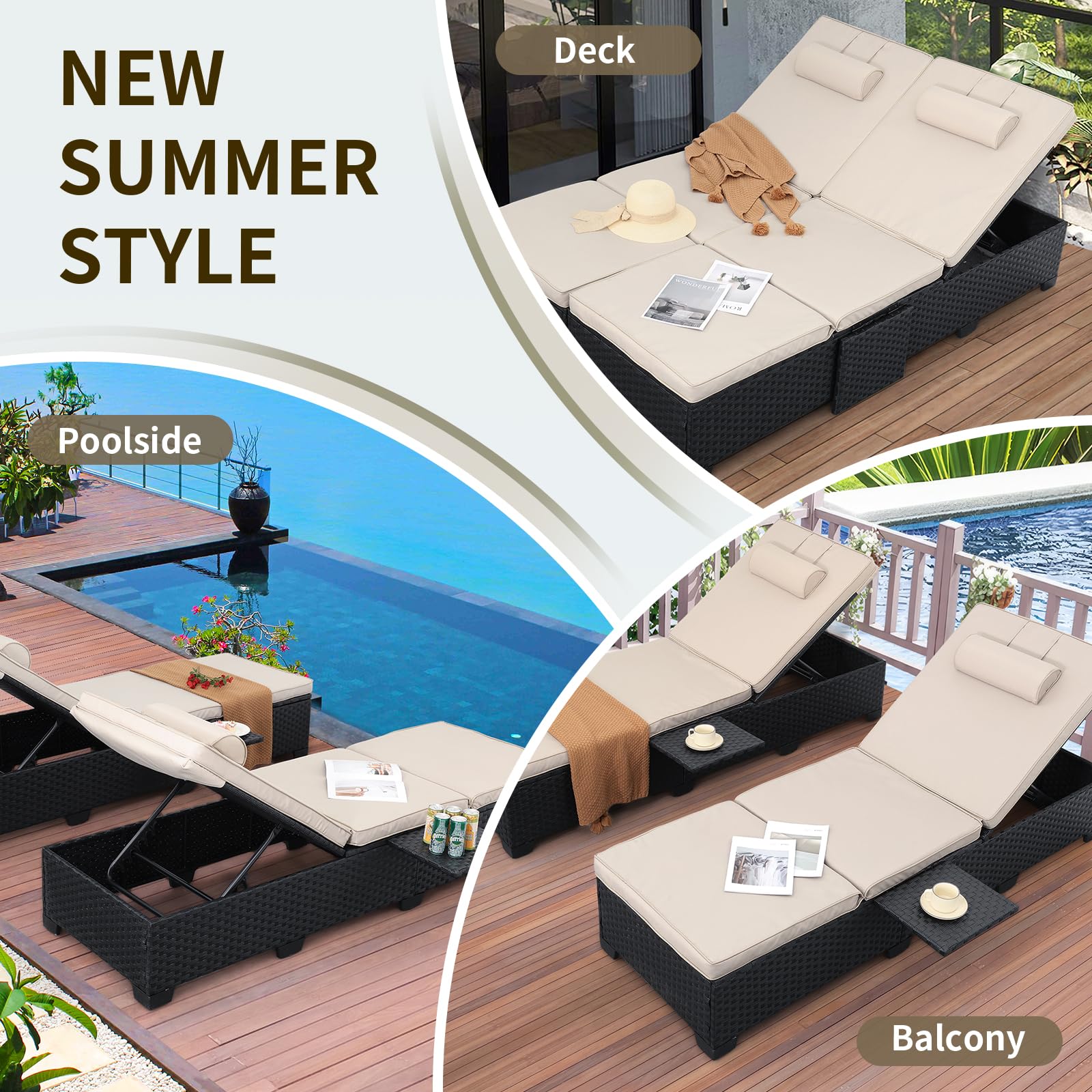 WAROOM Outdoor Chaise Lounge Chairs for Outside Patio Furniture Set of 2 Wicker Recliner Black Rattan Sunbathing Lounger Adjustable Backrest Pool Reclining Chair, Khaki Cushion