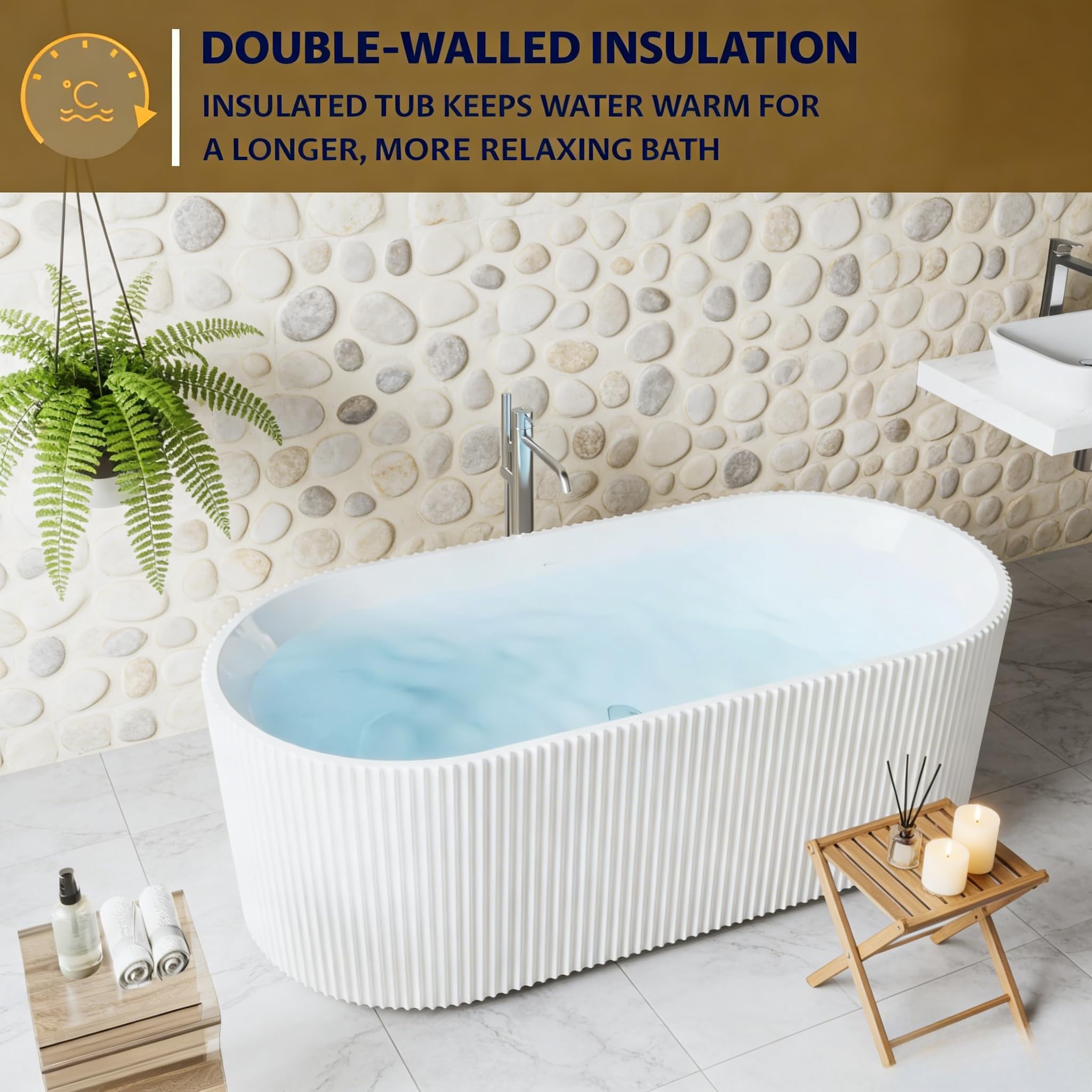 67" Acrylic Freestanding Soaking Bathtub, Matte Drain & Black Overflow, Contemporary Design Tub for Home Bathroom Renovations, Glossy White