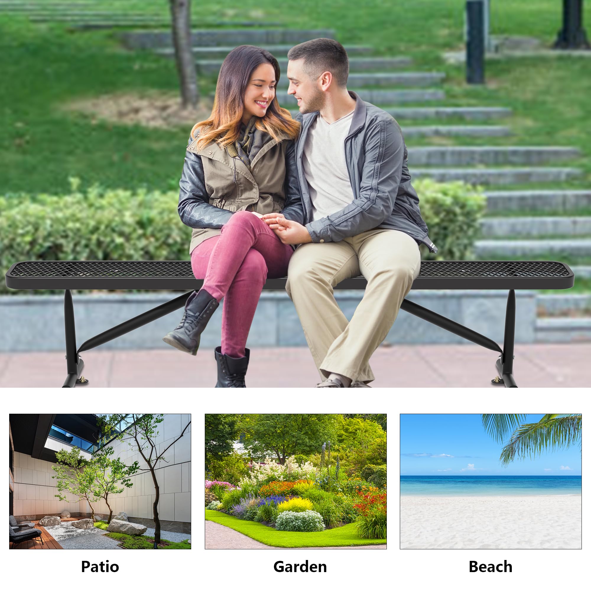 Sunnibety 8 Feet Heavy Duty Metal Park Bench for Outside, Outdoor Bench with Portable Frame, Commercial Benches for Shopping Mall, Store, Park, Patio, Deck, Black