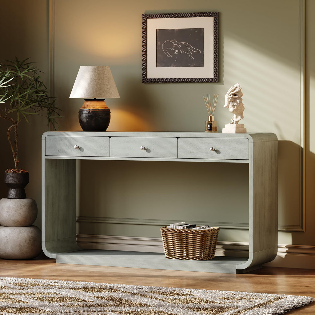 Christopher Knight Home Hiro Narrow Console Table with Storage, Wood Entryway Table with 3 Drawers and 1 Bottom Shelf, Long Entryway Table with Storage, Display Table with Curved Design, Sage Green