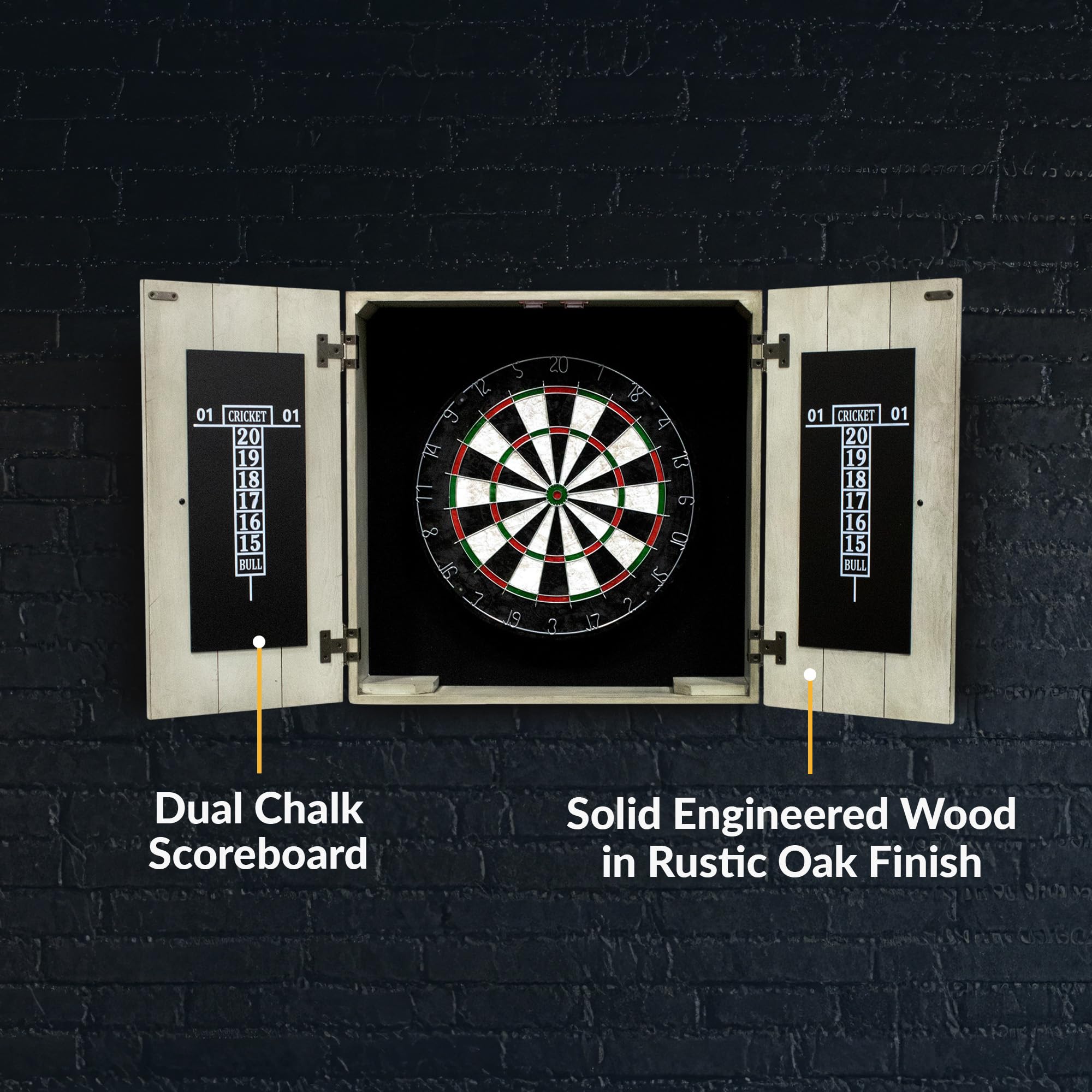 Hathaway Drifter 18-in Bristle Dart Board and Cabinet Set – Includes Self Healing Sisal Board, Removable Outer Ring, Chalk Scoreboards & Steel-Tip Darts - Complete Dart Accessories - Timberwood