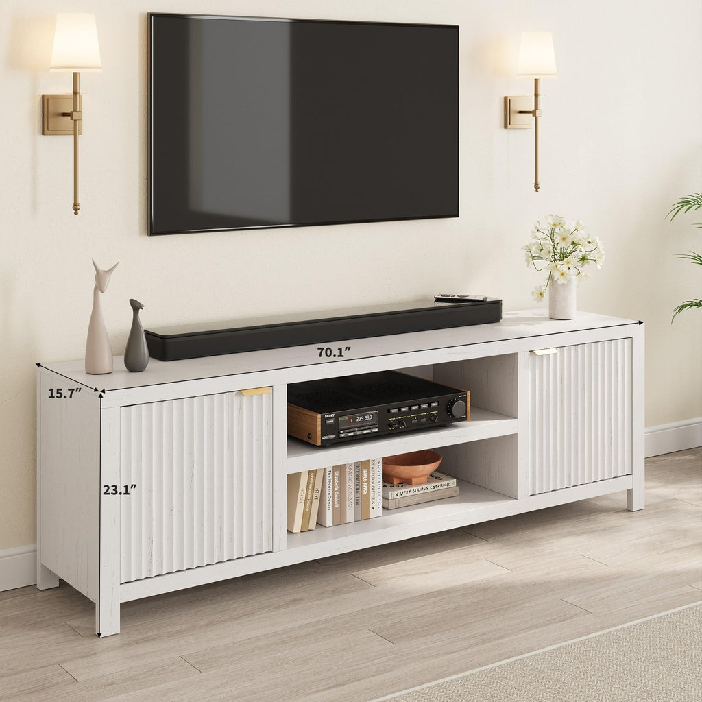 IDEALHOUSE Fluted TV Stand for 75+ Inch, Modern Entertainment Center with 2-Tier Storage & Adjustable Shelves, Media Console Cabinet with 2 Fluted Doors and Gold Handle for Living Room, Bedroom, White